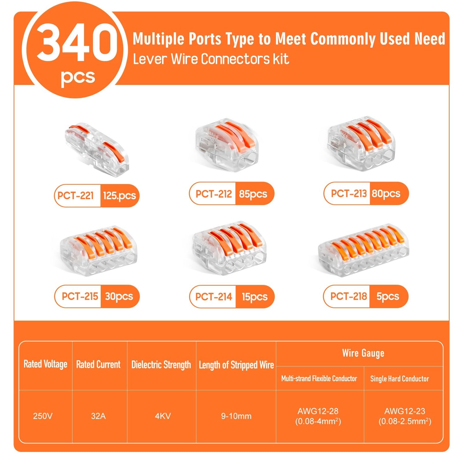 Kuject 340-piece lever wire connectors kit with various 2 to 8 conductor combinations for electrical wiring and connections.