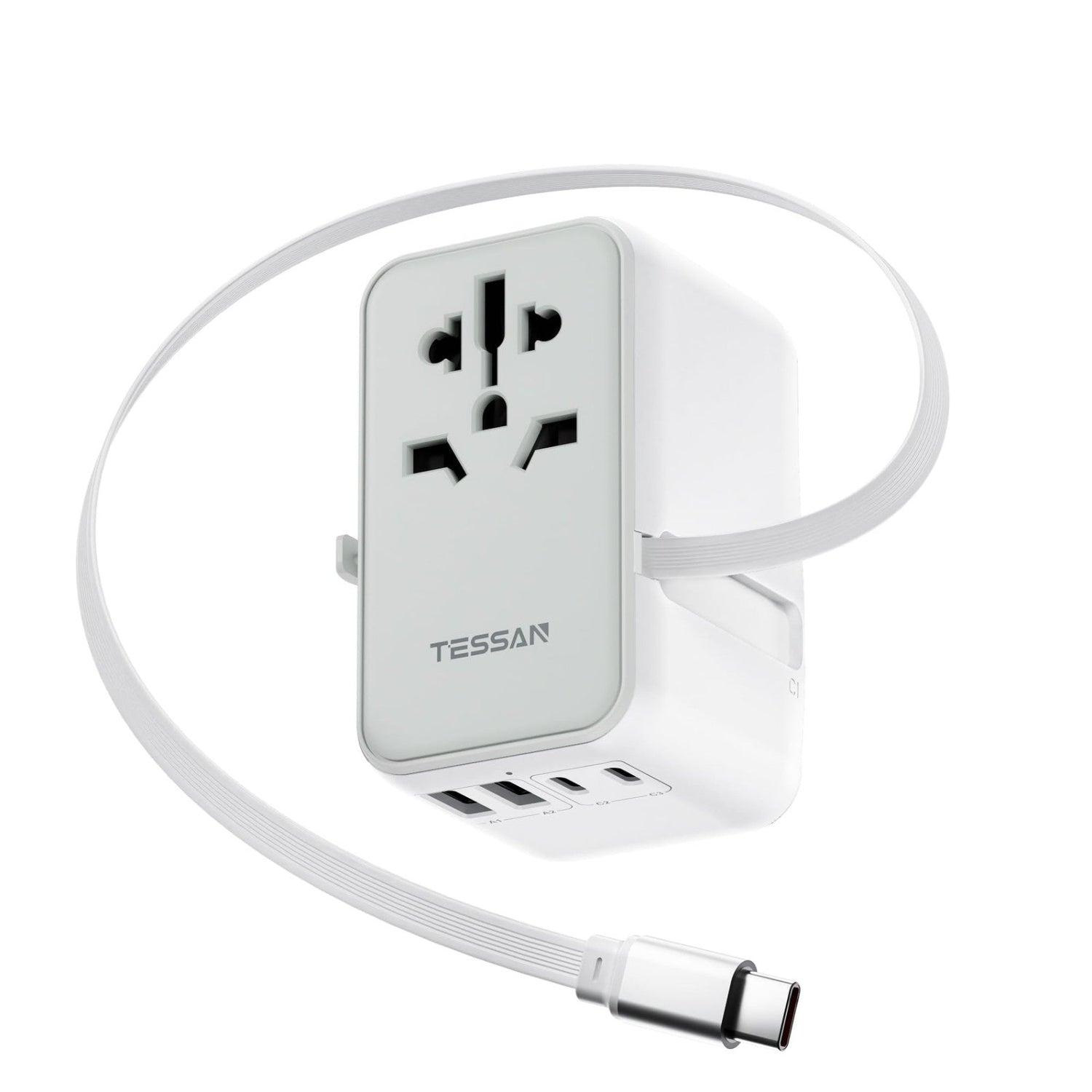 TESSAN universal travel adapter with PD 35W GaN technology, featuring multiple plug types and built-in safety features.