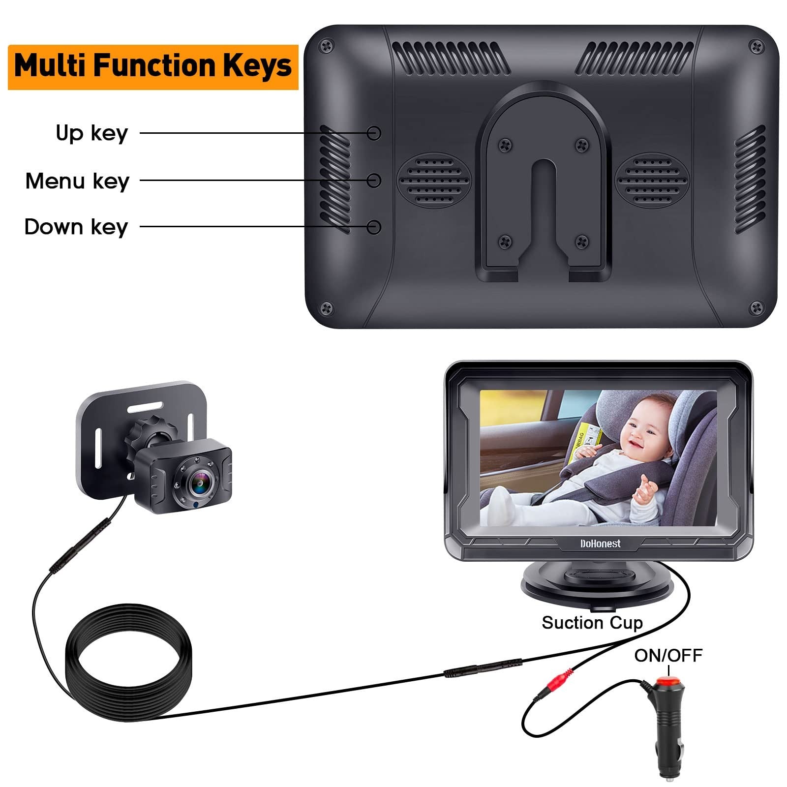 DoHonest Baby Car Camera HD 1080P rear-facing monitor with night vision, showing the camera mounted inside a vehicle for baby safety.