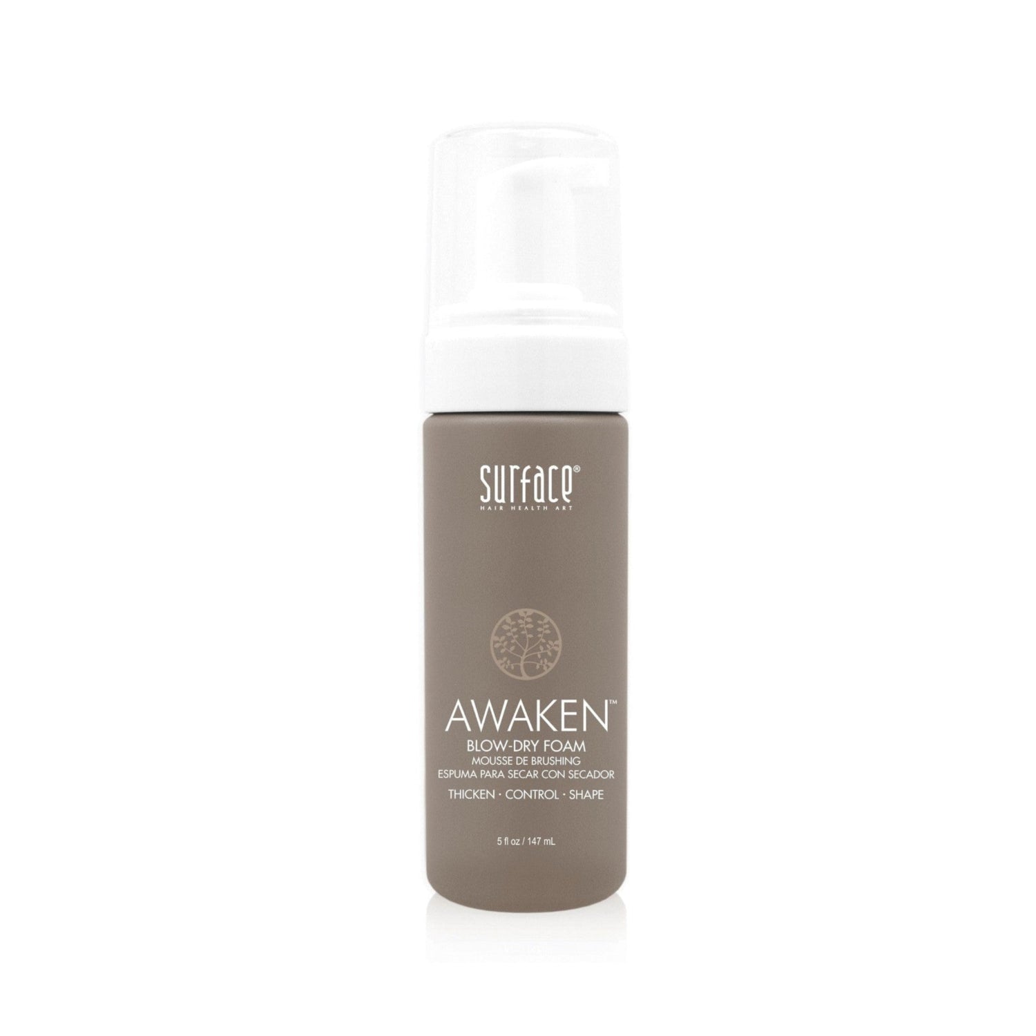 SURFACE Hair Awaken Thickening Blow Dry Foam for fine, fragile hair, showing the foam bottle with pump dispenser and product label.