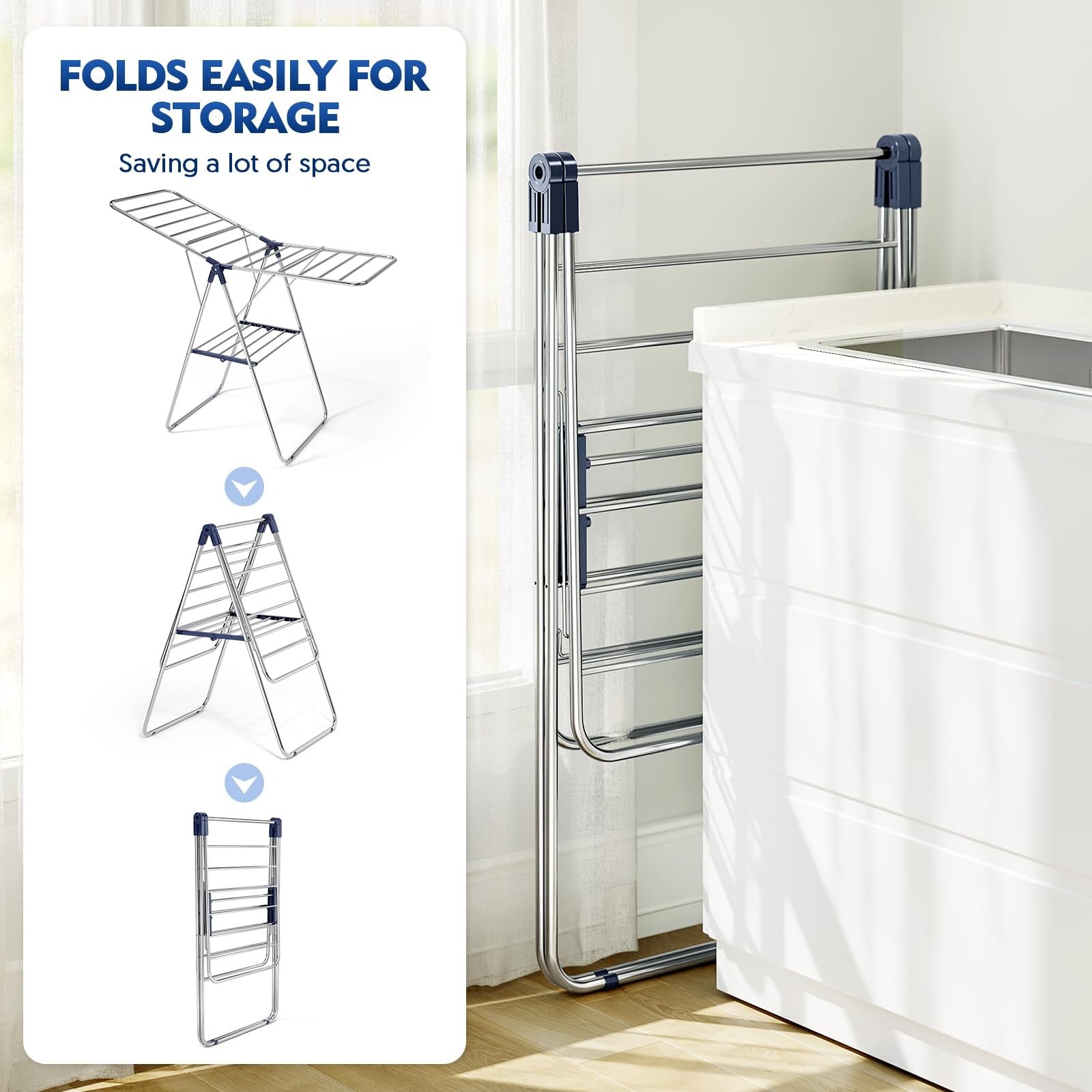 APEXCHASER stainless steel clothes drying rack with adjustable height and multiple bars for hanging laundry.