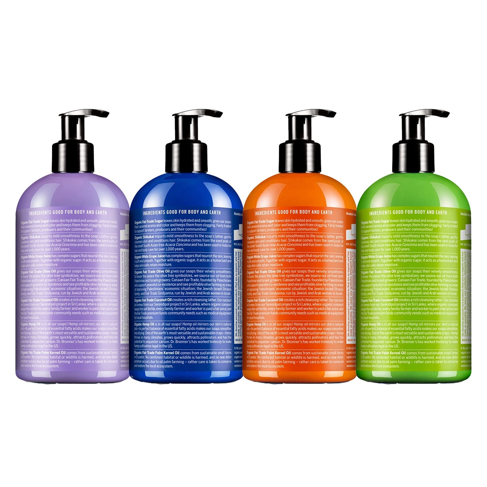 Dr. Bronner's Organic Sugar Soap variety pack with lavender, peppermint, and tea tree scents in 12 oz bottles.
