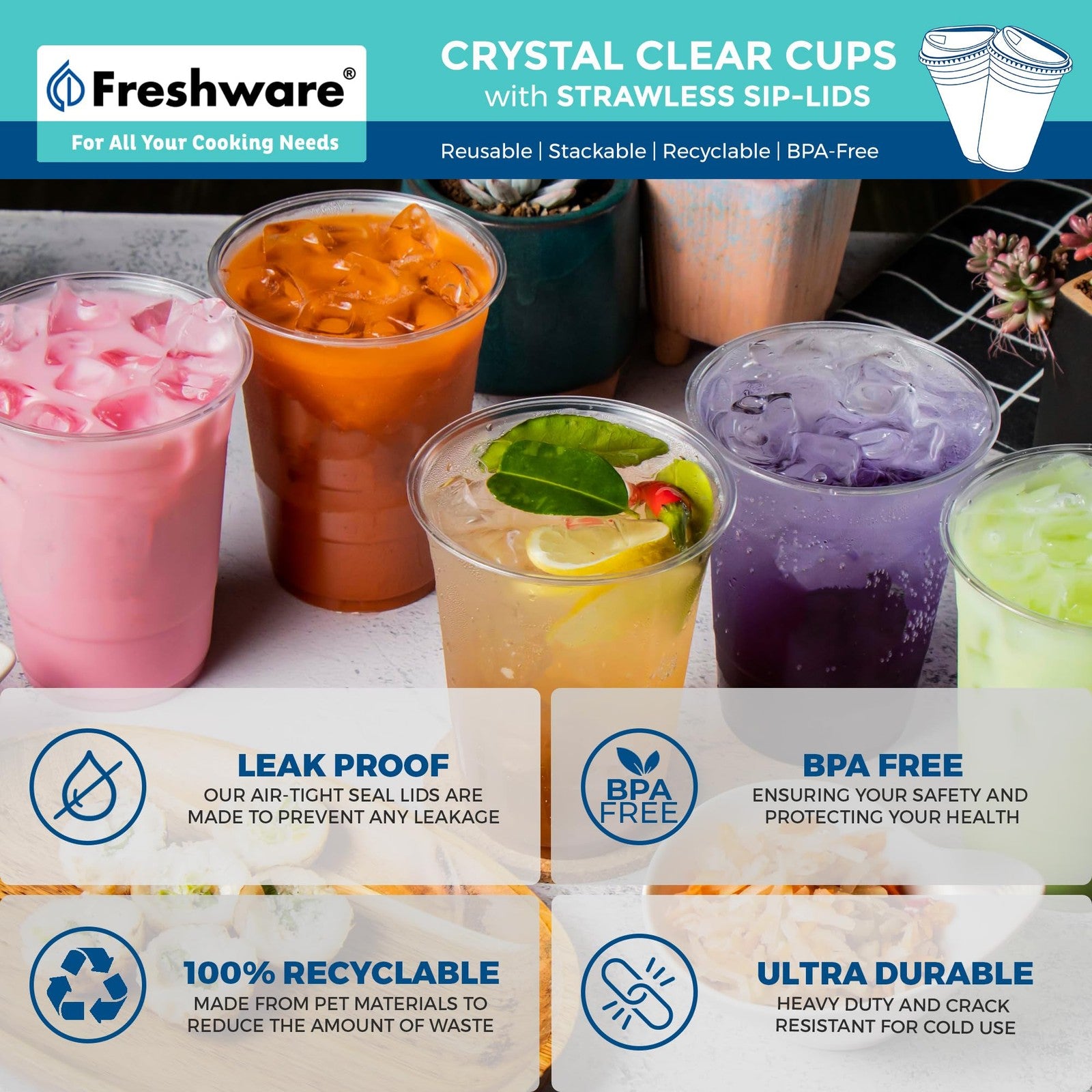 Clear disposable plastic cups with strawless sip lids from Freshware, 20 oz capacity, shown in a 100-pack set.