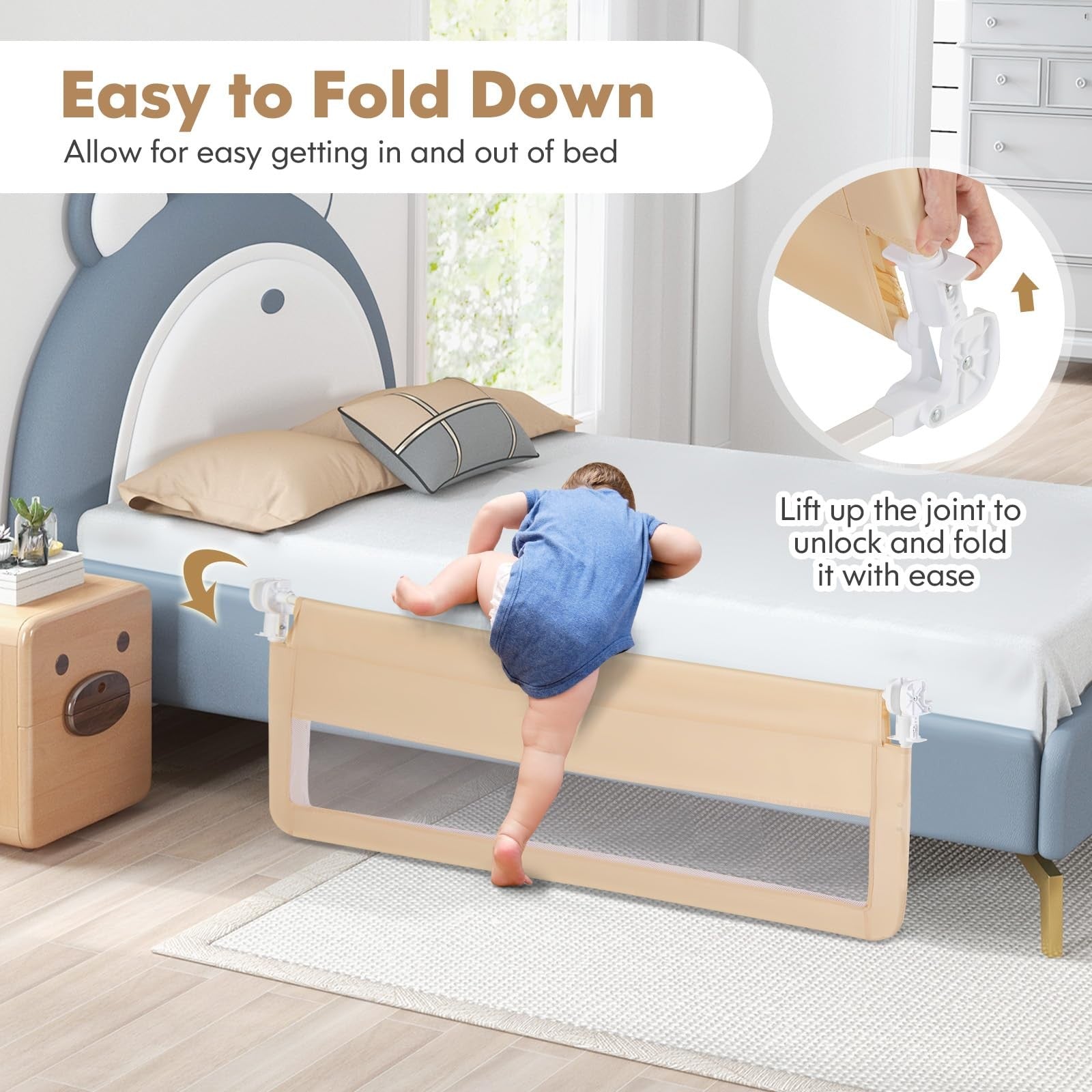 Baby Joy toddler bed rails, 59-inch long swing-down bed guard with safety features, shown installed on a child's bed.