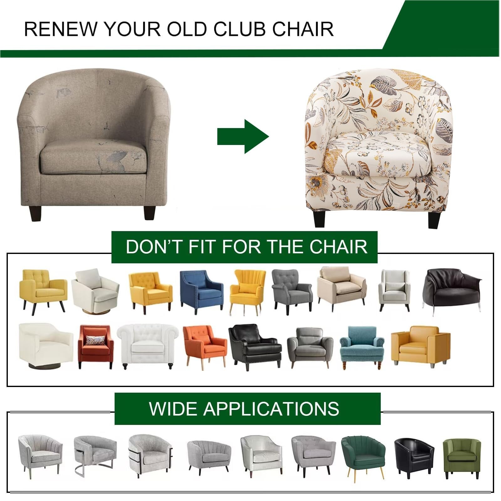 CRFATOP club chair slipcover with matching cushion cover, printed 2-piece set for tub chairs, protects and decorates furniture.
