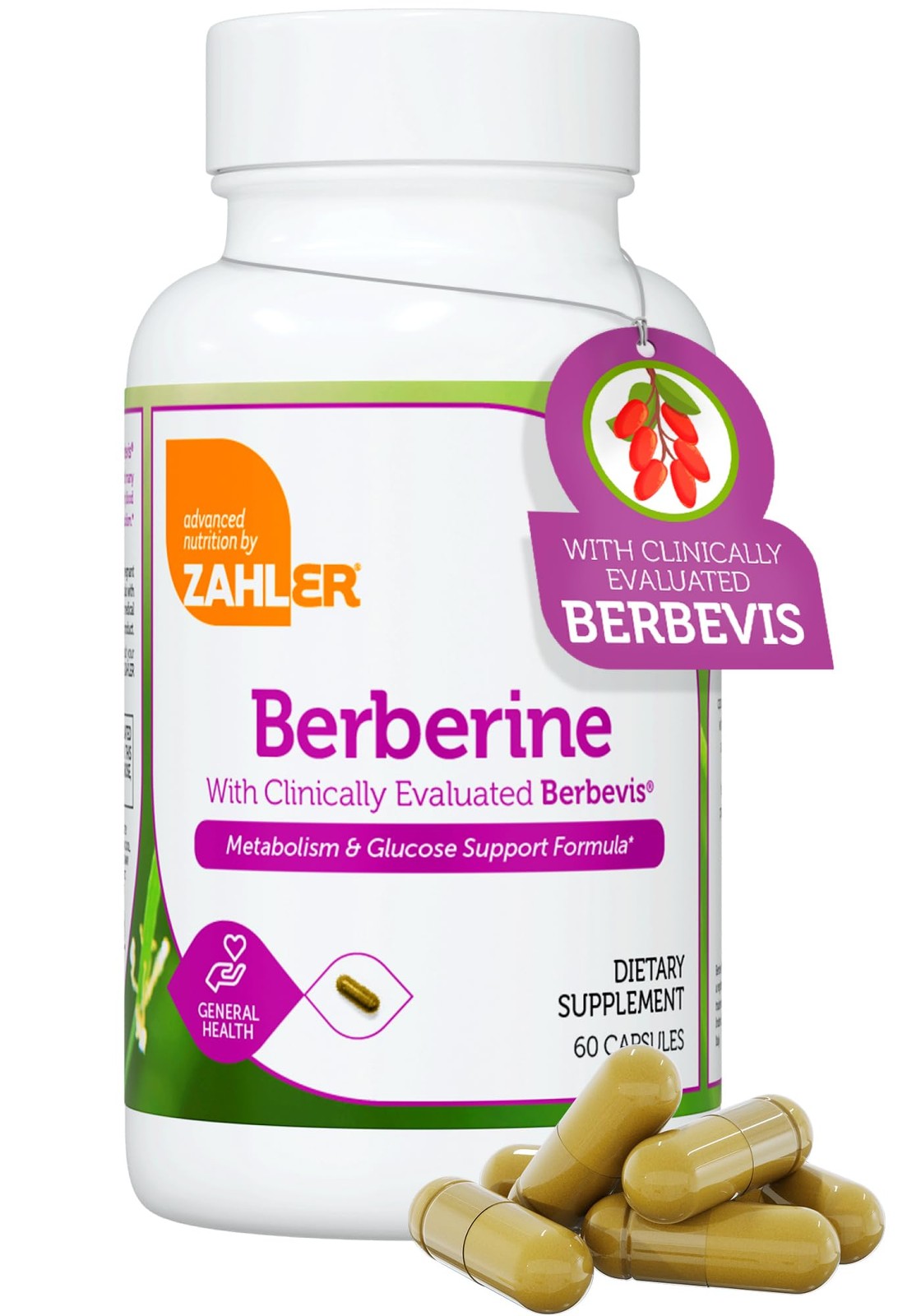 Zahler Berberine supplement bottle with label, featuring Clinically Evaluated Berbevis for metabolism and blood sugar support.