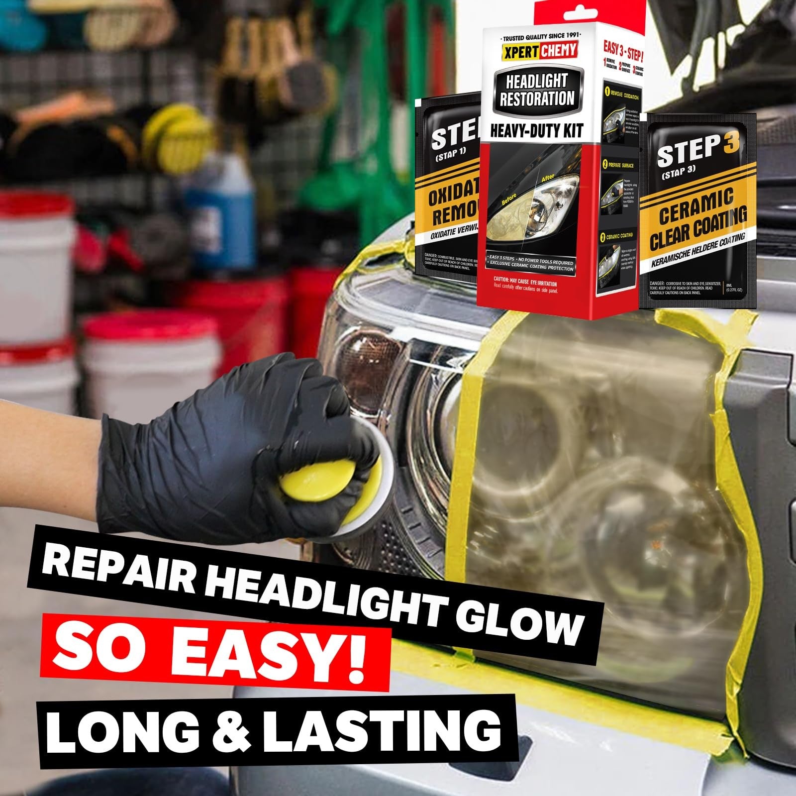 XPERTCHEMY Headlight Restoration Kit shows a car headlight before and after cleaning, demonstrating removal of yellowing and clouding.