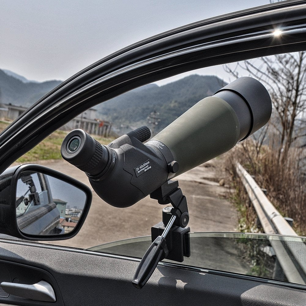Gosky adjustable vehicle car window mount for binoculars, featuring a secure spotting scope holder attached to a car window.