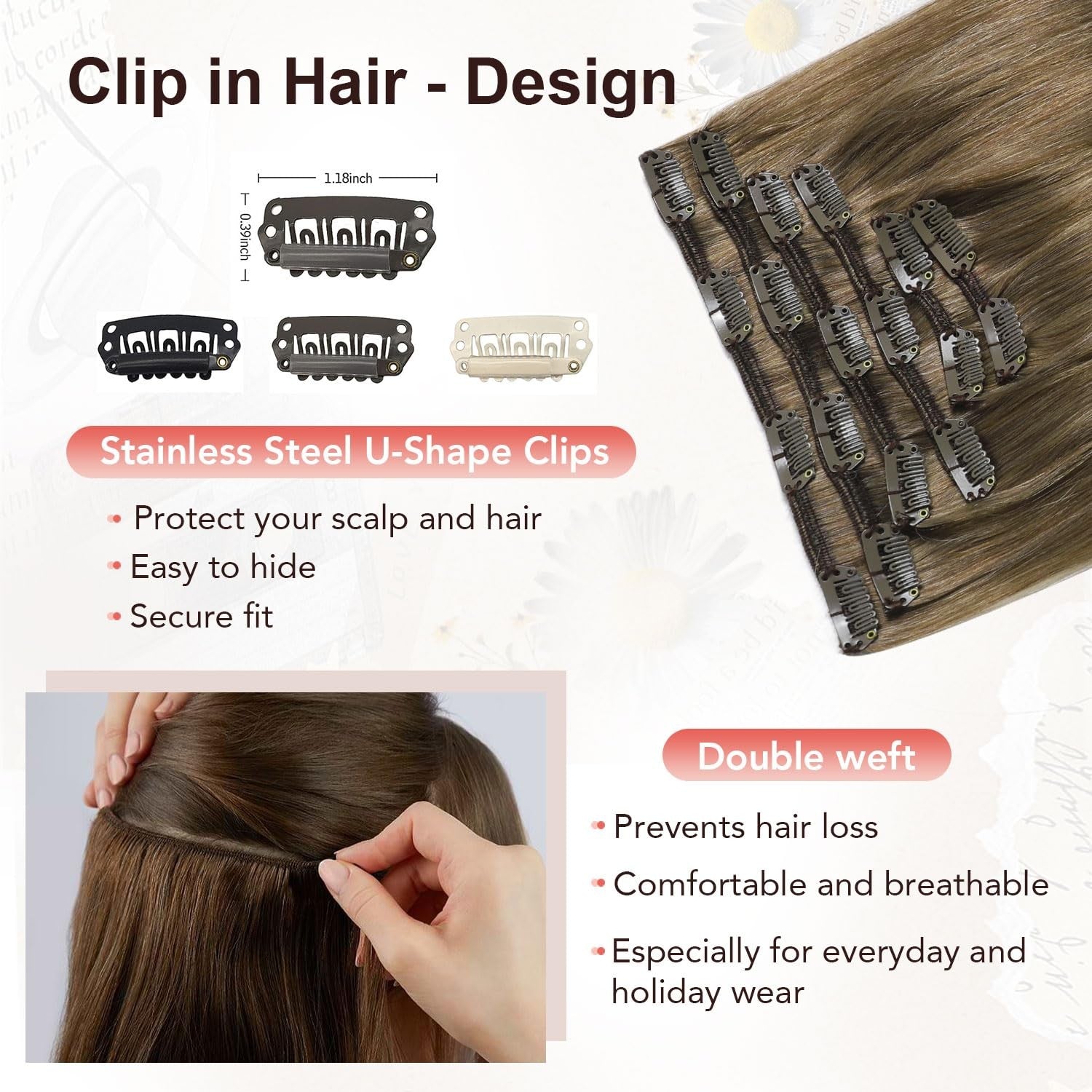 XDhair 14-inch ash brown straight human hair clip-in extensions, 100g, showing smooth, natural-looking straight hair strands.