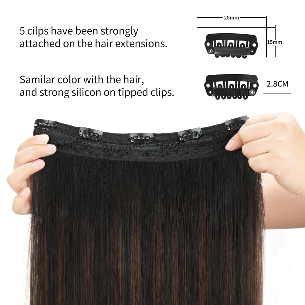 Winsky brown balayage clip-in human hair extensions, 16 inches, 70g, natural flowy hair with #1BT4P1B color blending.