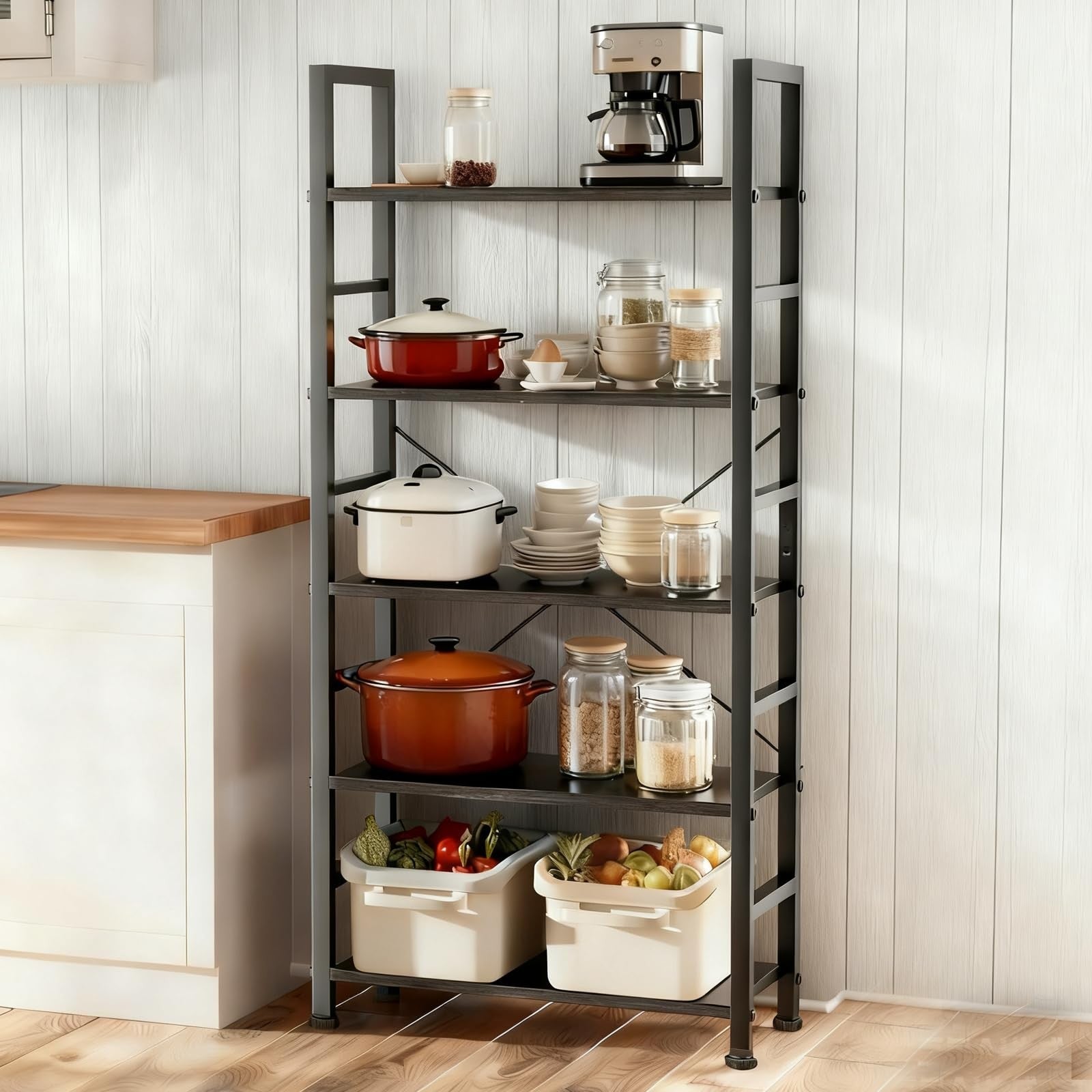 SageNest 5-tier wooden bookshelf with open storage shelves and metal frame for organizing books and decor.