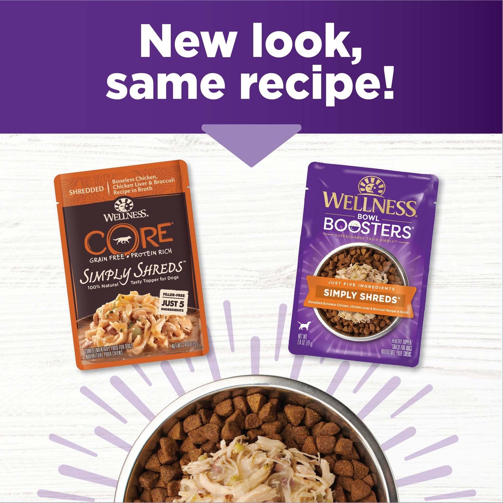 Wellness CORE Simply Shreds natural grain-free wet dog food mixer with chicken and beef for healthy, flavorful pet meals.