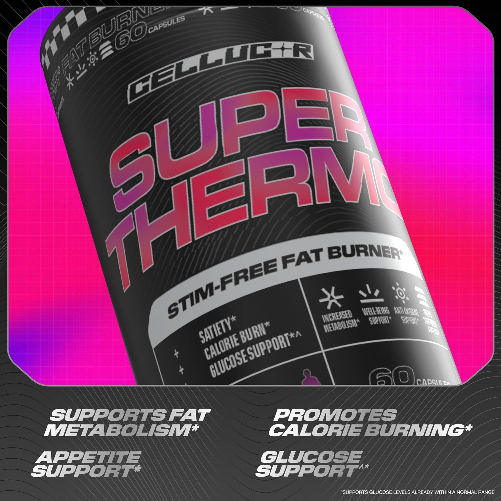 Cellucor Super Thermo Stim-Free Fat Burner bottle with 60 capsules, featuring thermogenic and appetite control benefits.