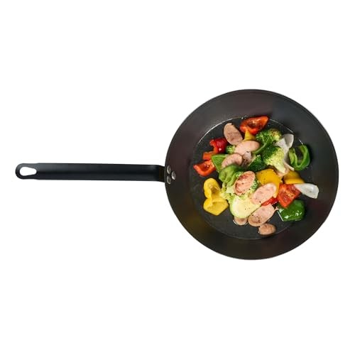 Restaurantware Met Lux 12-inch lightweight induction-ready frying pan with triple-rive design, shown with cooking surface and handle