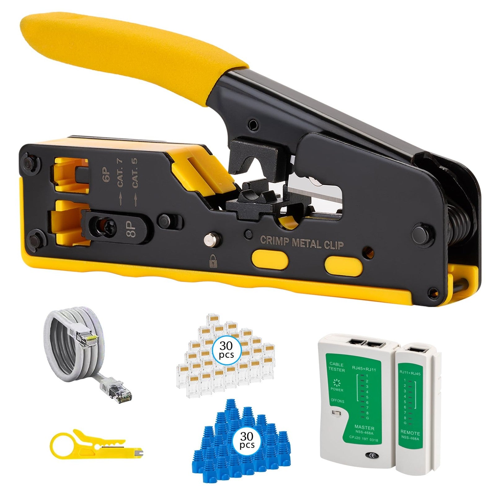 WEETOTUNG RJ45 Crimp Tool Pass Through Kit with ergonomic handle and metal crimping jaws for professional Ethernet cable termination.