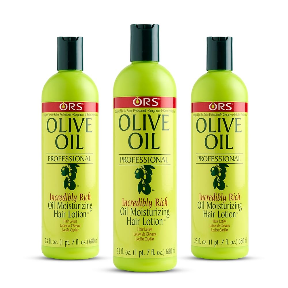 ORS Olive Oil Professional Incredibly Rich Oil Moisturizing Hair Lotion in 23 ounces, showing the bottle with rich moisturizing formula
