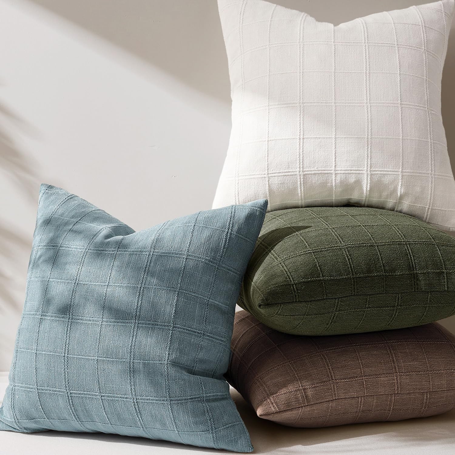 Woaboy linen check throw pillow cover in blue gray with farmhouse modern boho vintage style, featuring a checkered pattern.
