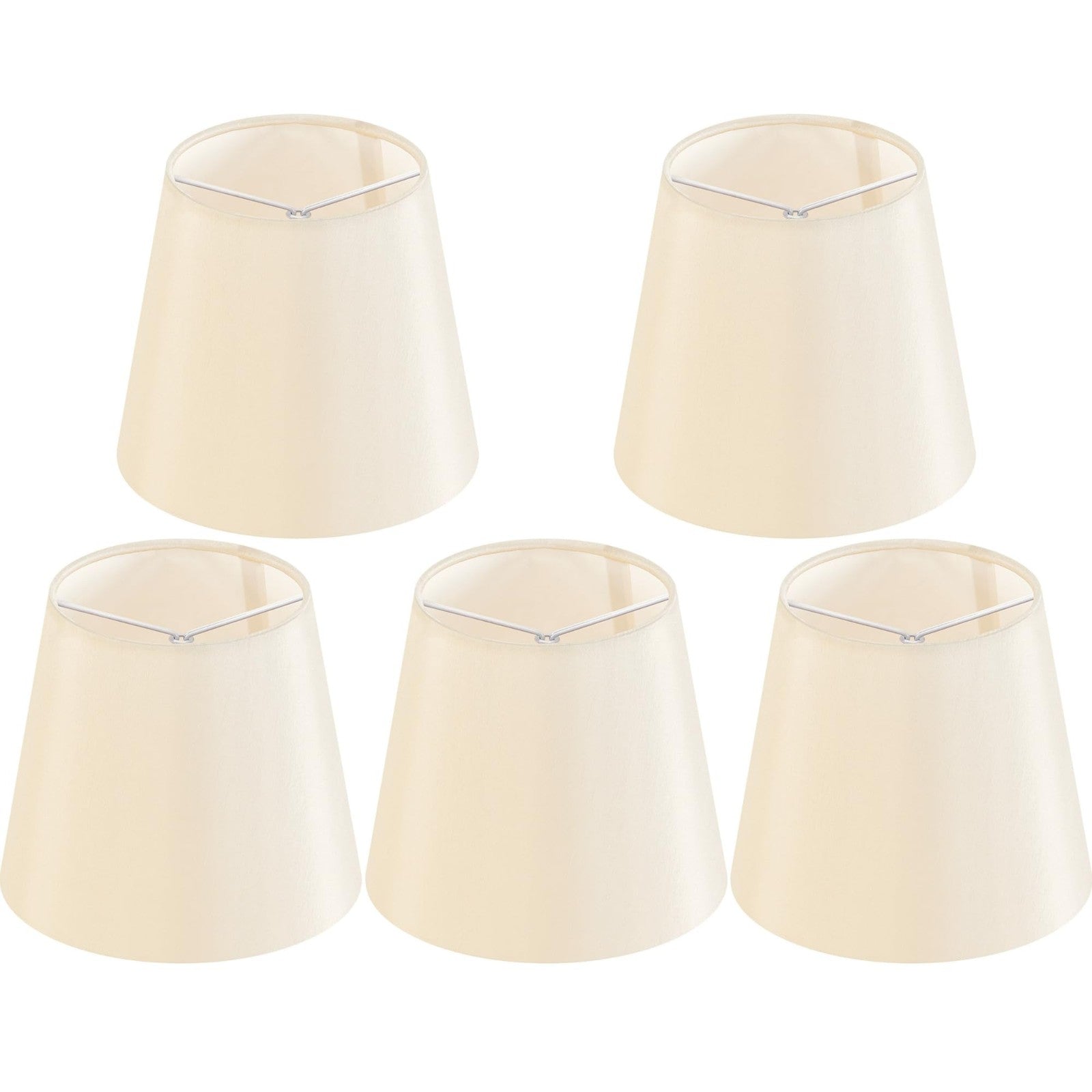 Set of 5 yellowish beige chandelier lamp shades by GO&SO, 4" top, 6" bottom, 5" height, shown from side view.