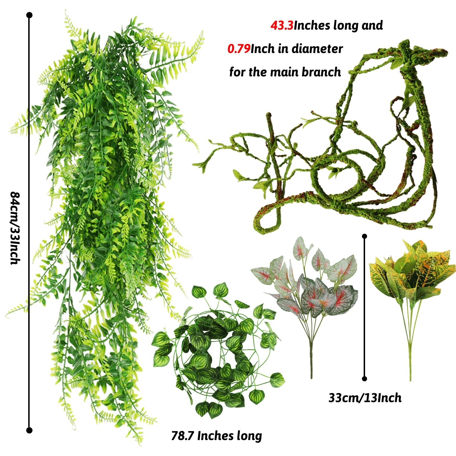 PietyPet reptile terrarium plants and vines for leopard gecko, snake, and lizard decor in natural green tones.