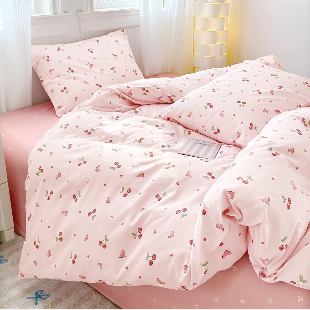Sedefen Cherry duvet cover set for kids with red heart on pink bedding, includes full size duvet cover and matching pillowcases.