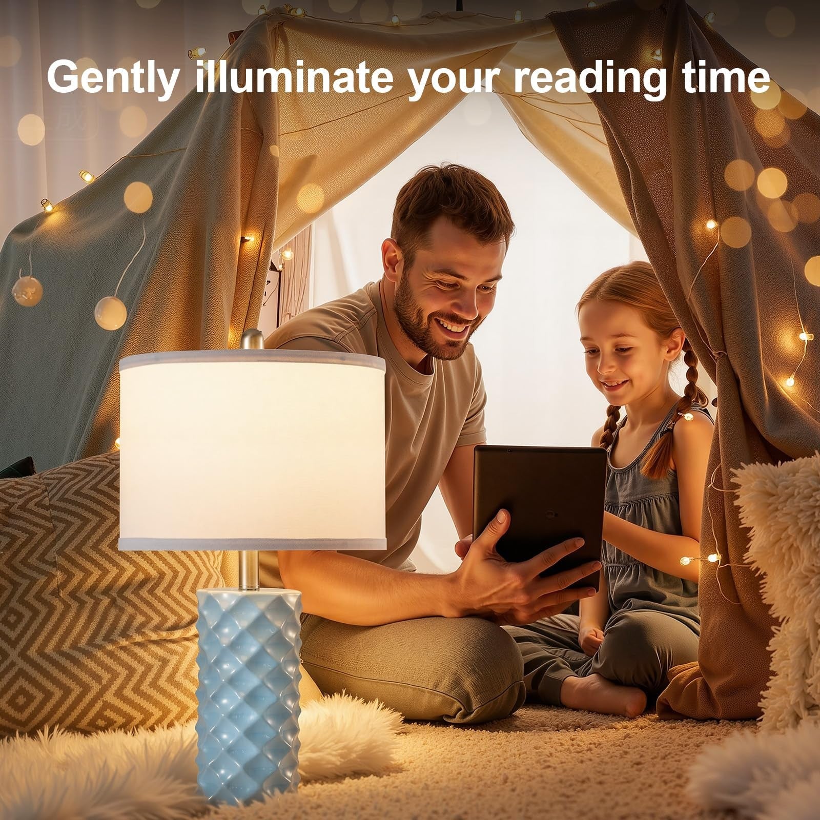 Sky blue ceramic table lamps with star diamond patterns, set of 2, 23 inches tall, modern and luxe design by BLHDZJR