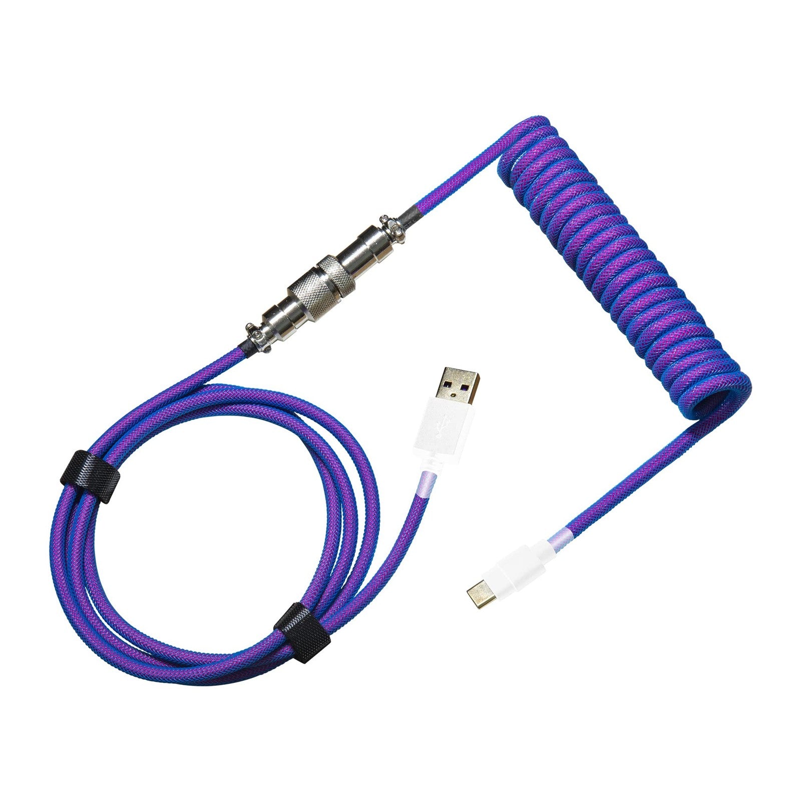 Cooler Master coiled Thunderstorm blue-purple cable with detachable metal Aviato connector, featuring vibrant coiled design and sturdy build.