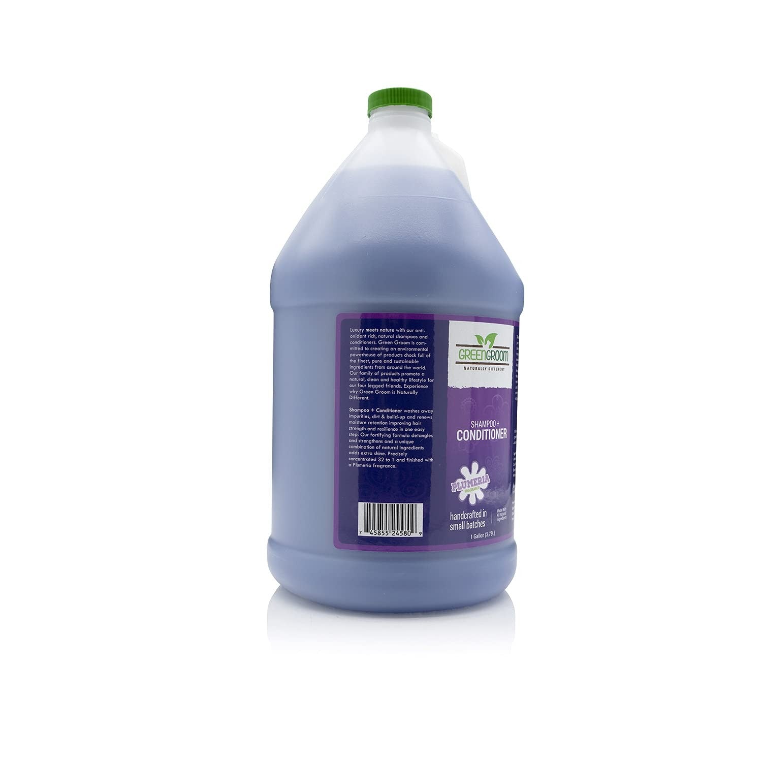 GreenGroom Green Groom Dog Shampoo and Conditioner gallon bottle showing natural ingredients and detangling formula for pets.