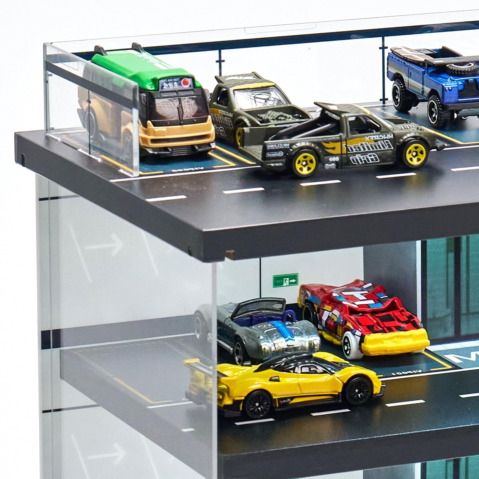 GALUMO 1/64 scale display case for Hot Wheels and Matchbox cars with LED lighting, showcasing a compact car storage solution.