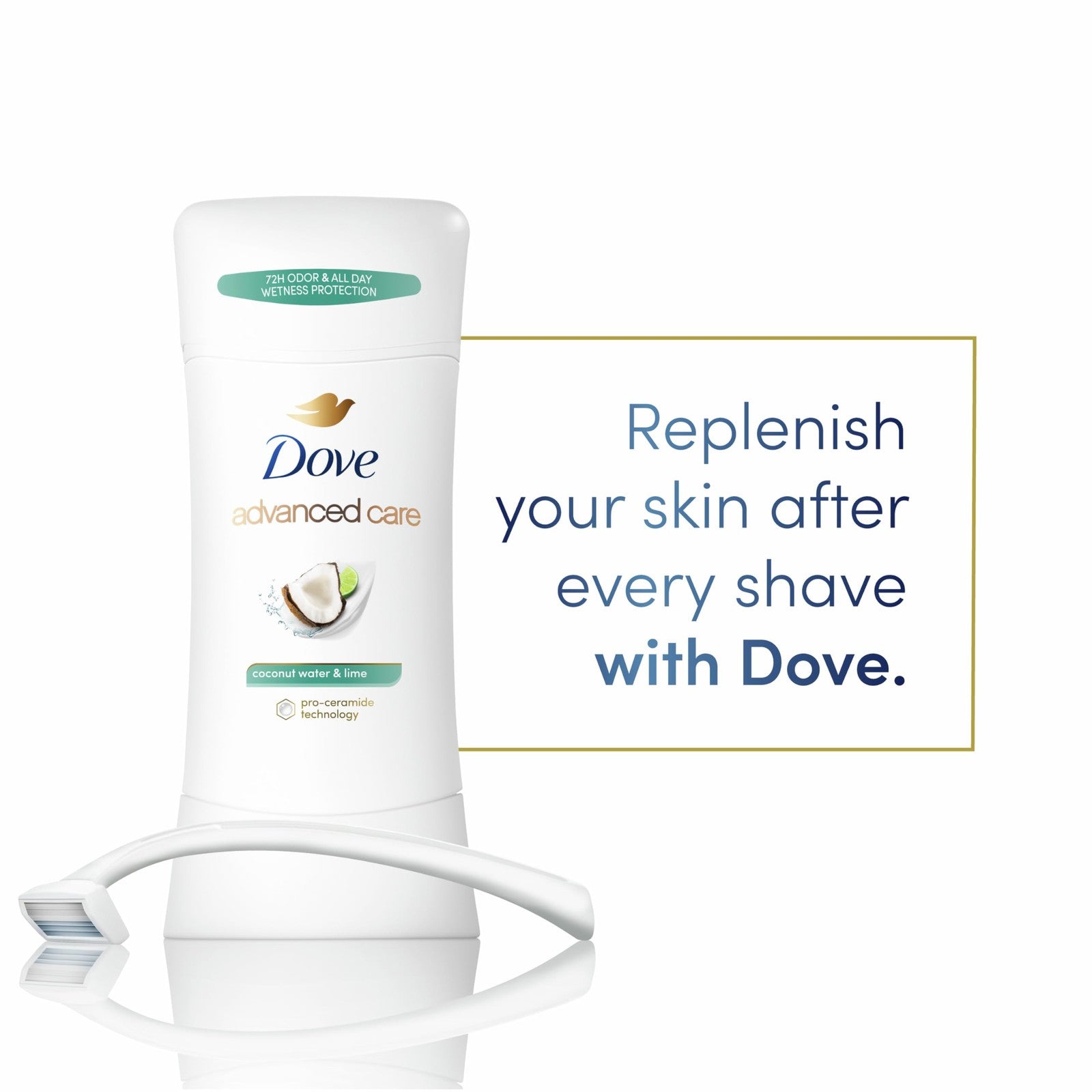 Dove Advanced Care antiperspirant deodorant stick with Coconut Water & Lime scent, featuring a white stick with blue accents.