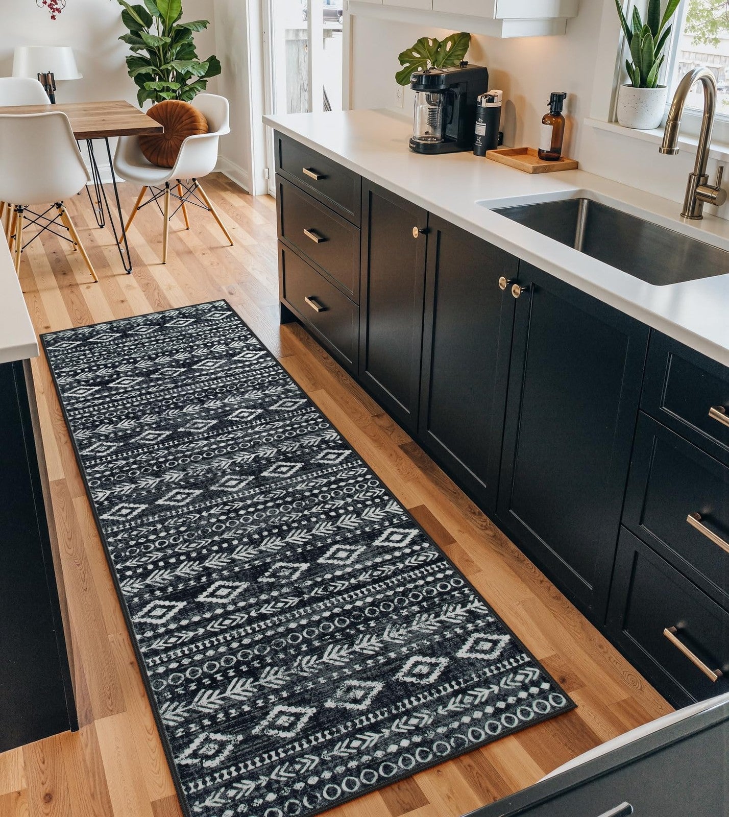 Lahome boho Moroccan hallway runner rug in black and white with washable design, measuring 2.5x8 feet, suitable for hallways.