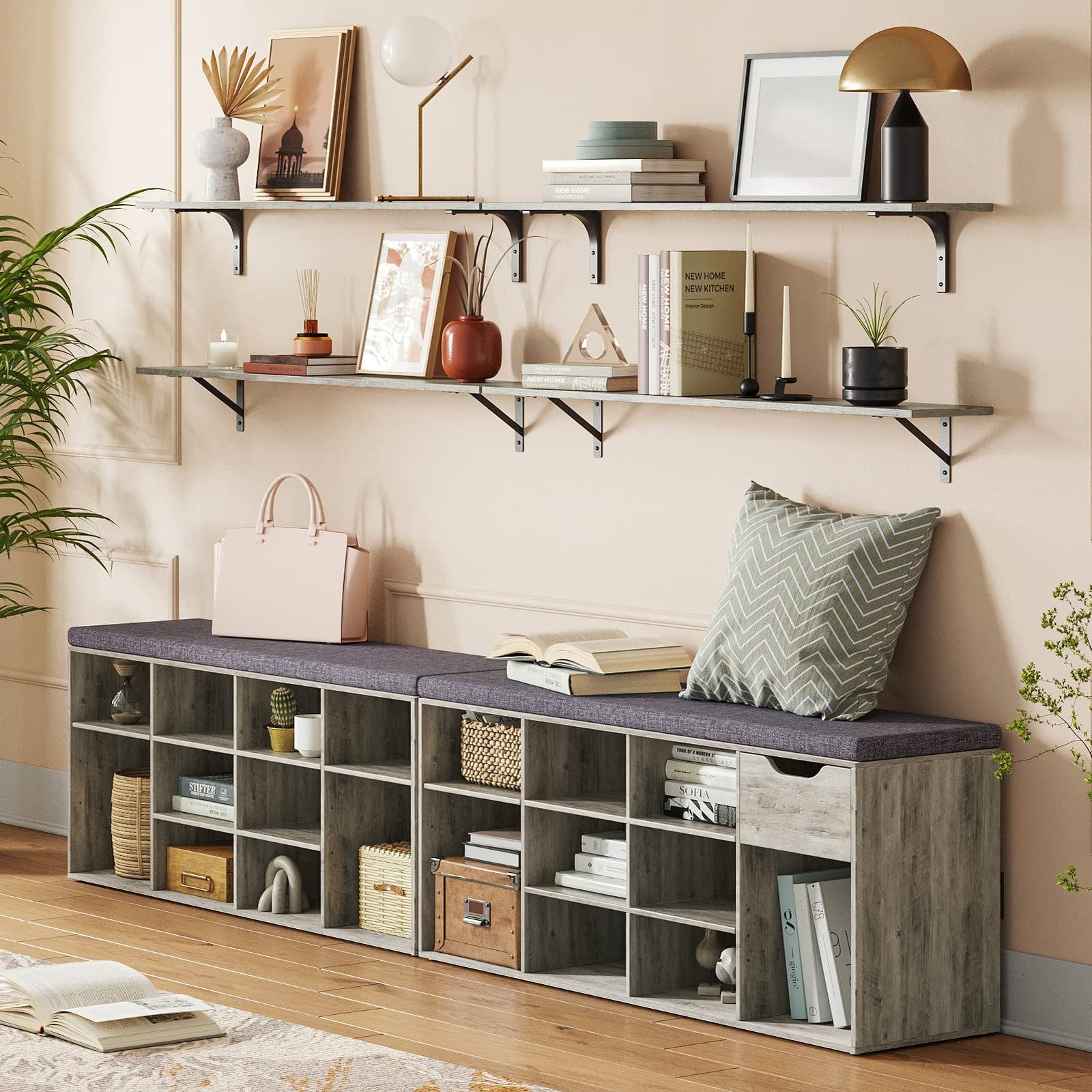 Pair of 39.4-inch unbranded Dinzi Lvj long wall-mounted shelves set of 2, shown installed on a wall with decorative items.