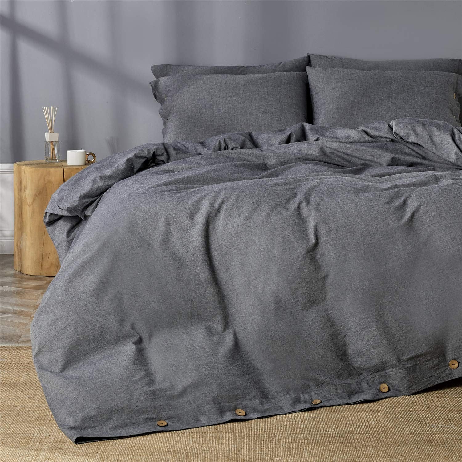 Jellymoni black cotton duvet cover for queen size bed with button closure, soft and comfortable comforter cover.