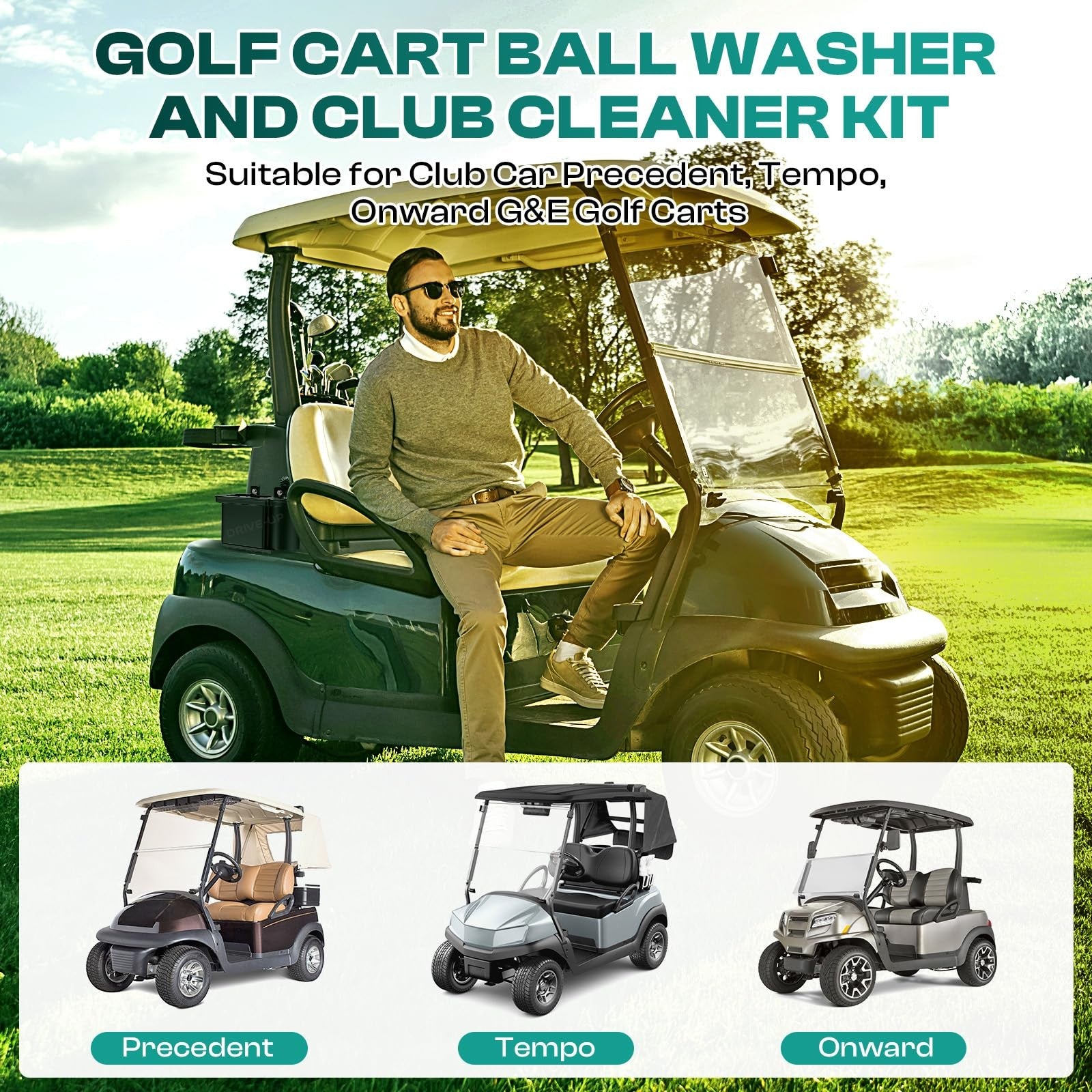 Drive Up golf cart ball washer and club cleaner kit attached to a Club Car Precedent golf cart for cleaning clubs and balls.