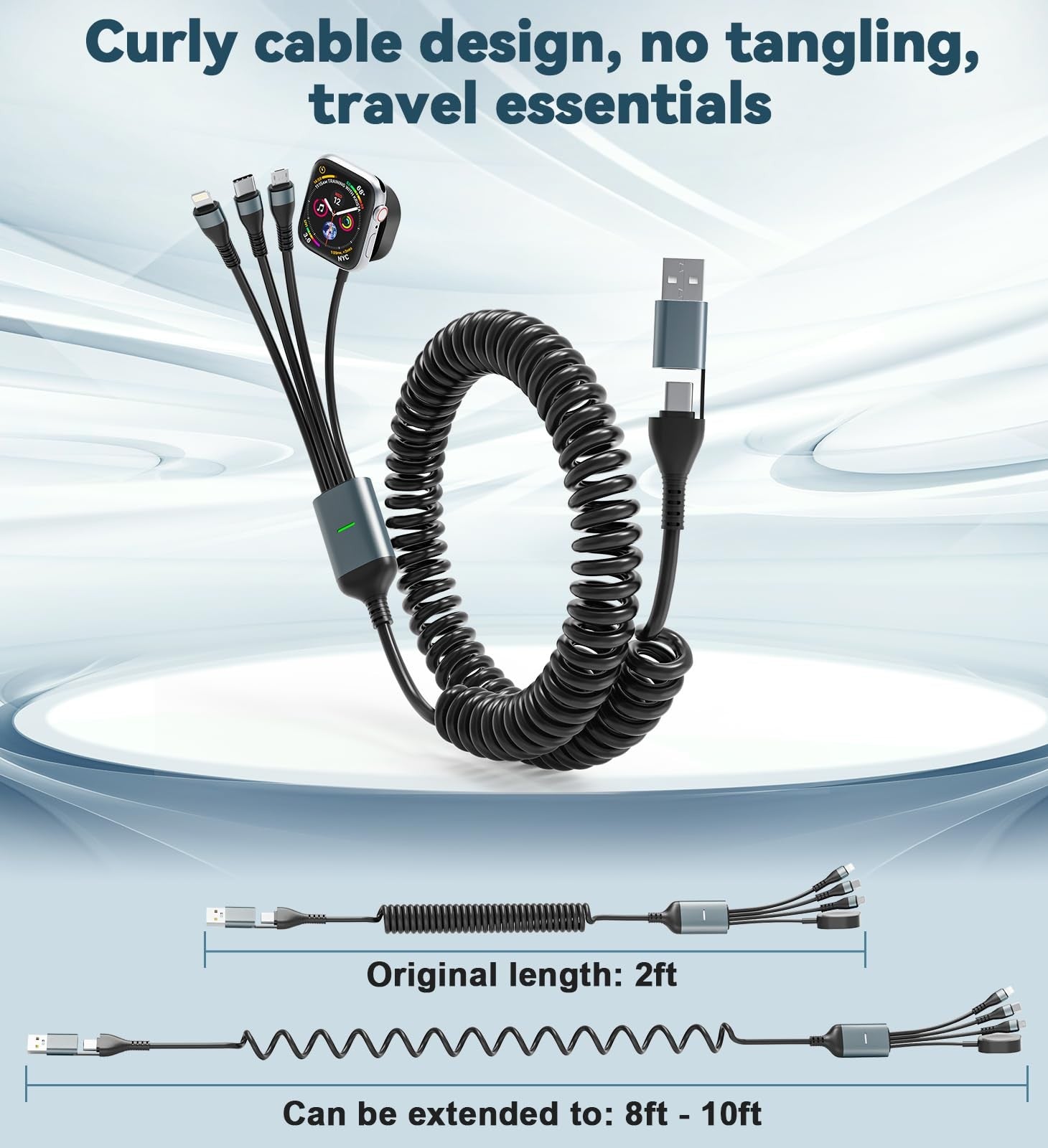 Bawanfa Plus Apple Watch 4-in-1 retractable charging cable with USB-C and Lightning connectors, 6ft fast charger on a white background