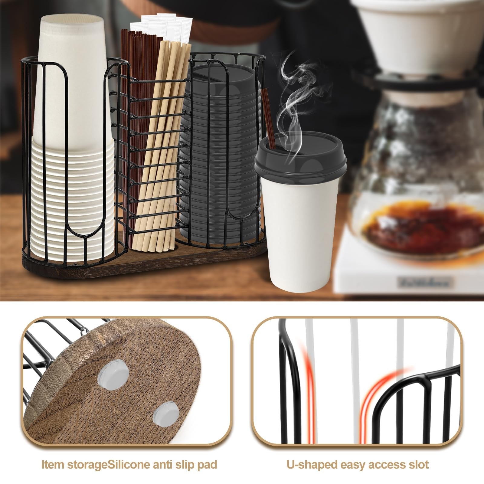 Tanggiteck 3-compartment 18oz coffee cup dispenser rack with wood base and disposable cups for convenient coffee service.