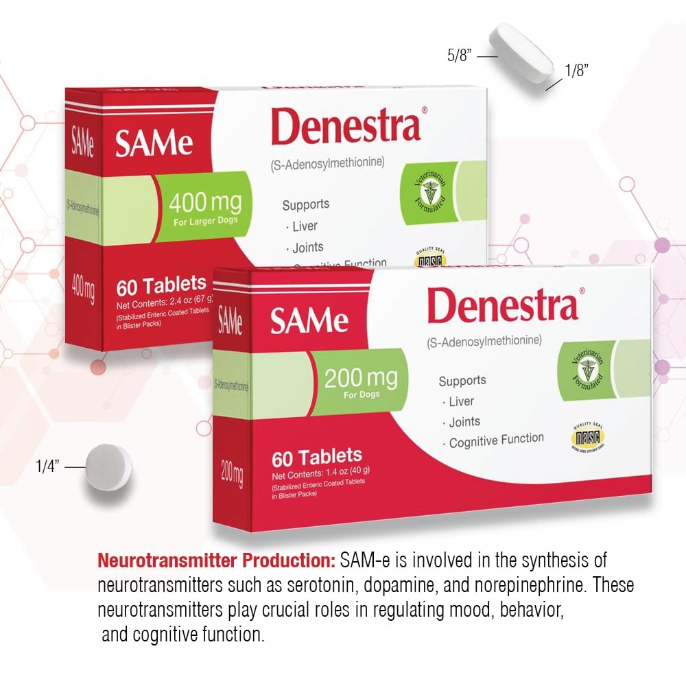 Denestra Liver and joint supplement for dogs featuring S-Adenosyl-L-Methionine, supporting liver health and cognitive function.