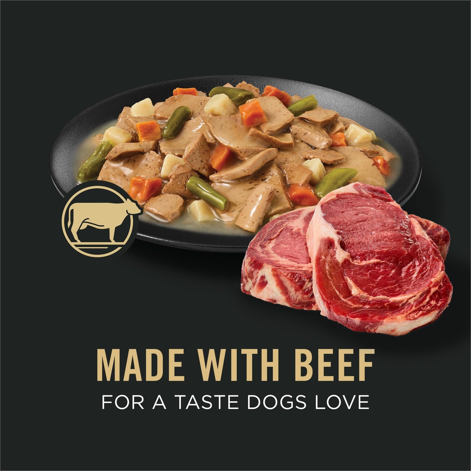 Canned Purina Pro Plan Complete Essentials beef and vegetable wet dog food with chunks of meat and vegetables in savory gravy