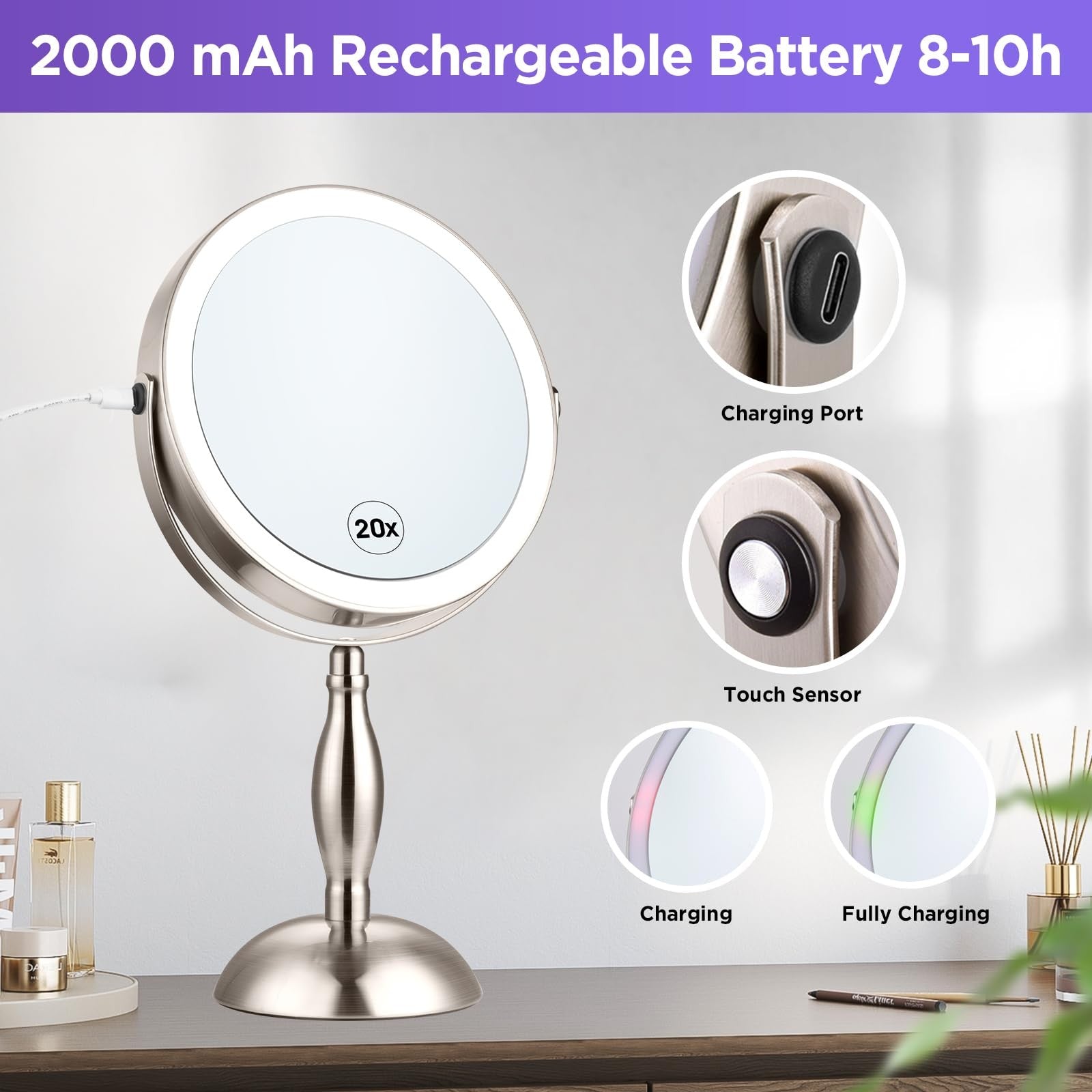 DASLAVA 20x magnifying mirror with built-in light, adjustable brightness, and three color modes, shown on a bathroom countertop.