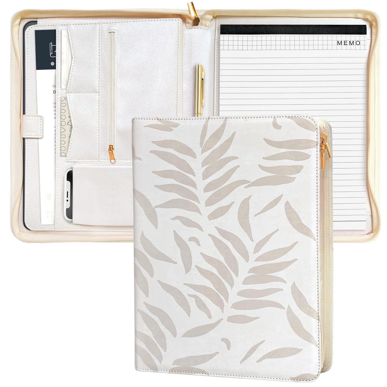 Beige leather women's padfolio with zipper binder, organizer, and design zip for professional document storage.