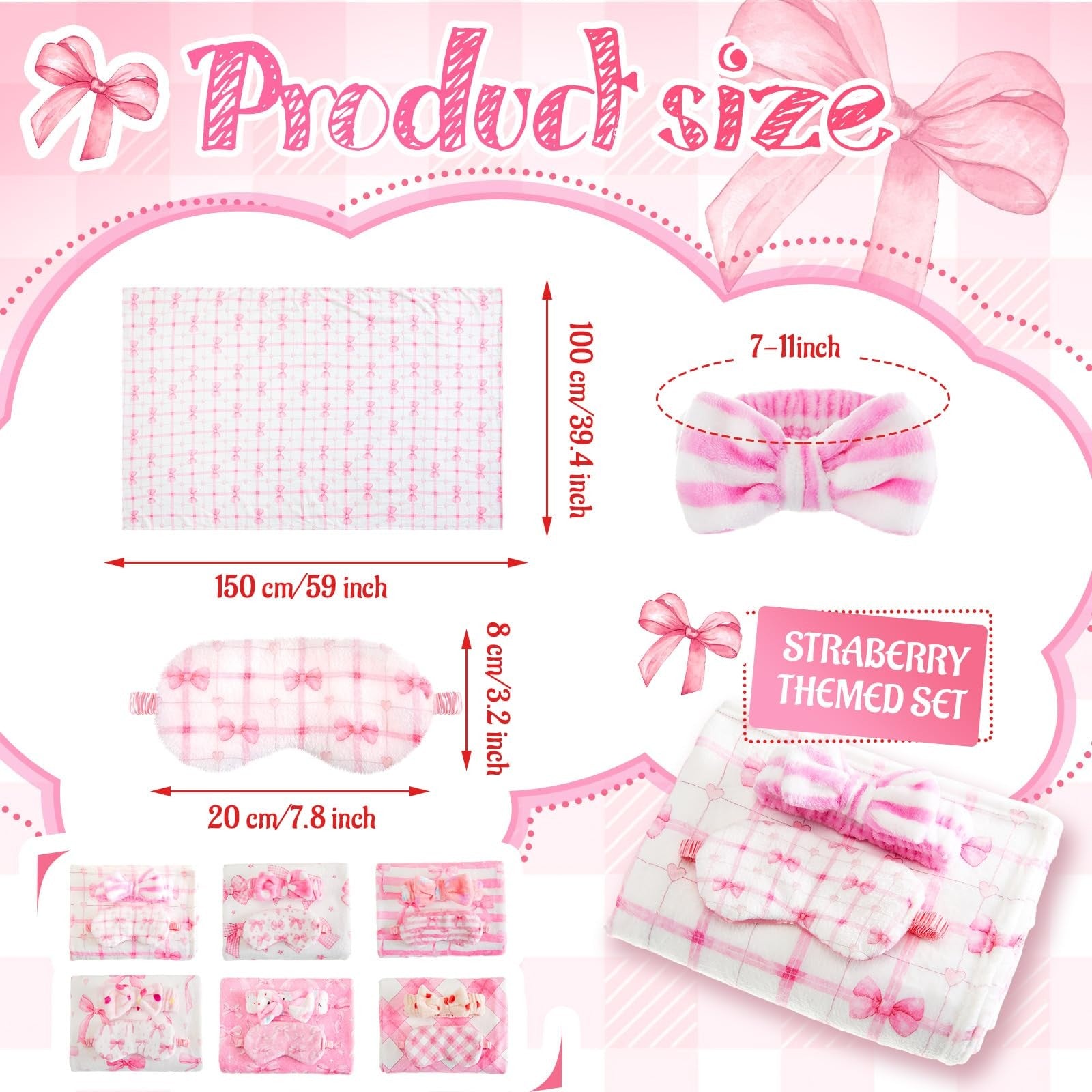 Fanfanwin 18-piece girls' sleepover party supplies set with 6 cute pink bow designs and blank labels for customization.