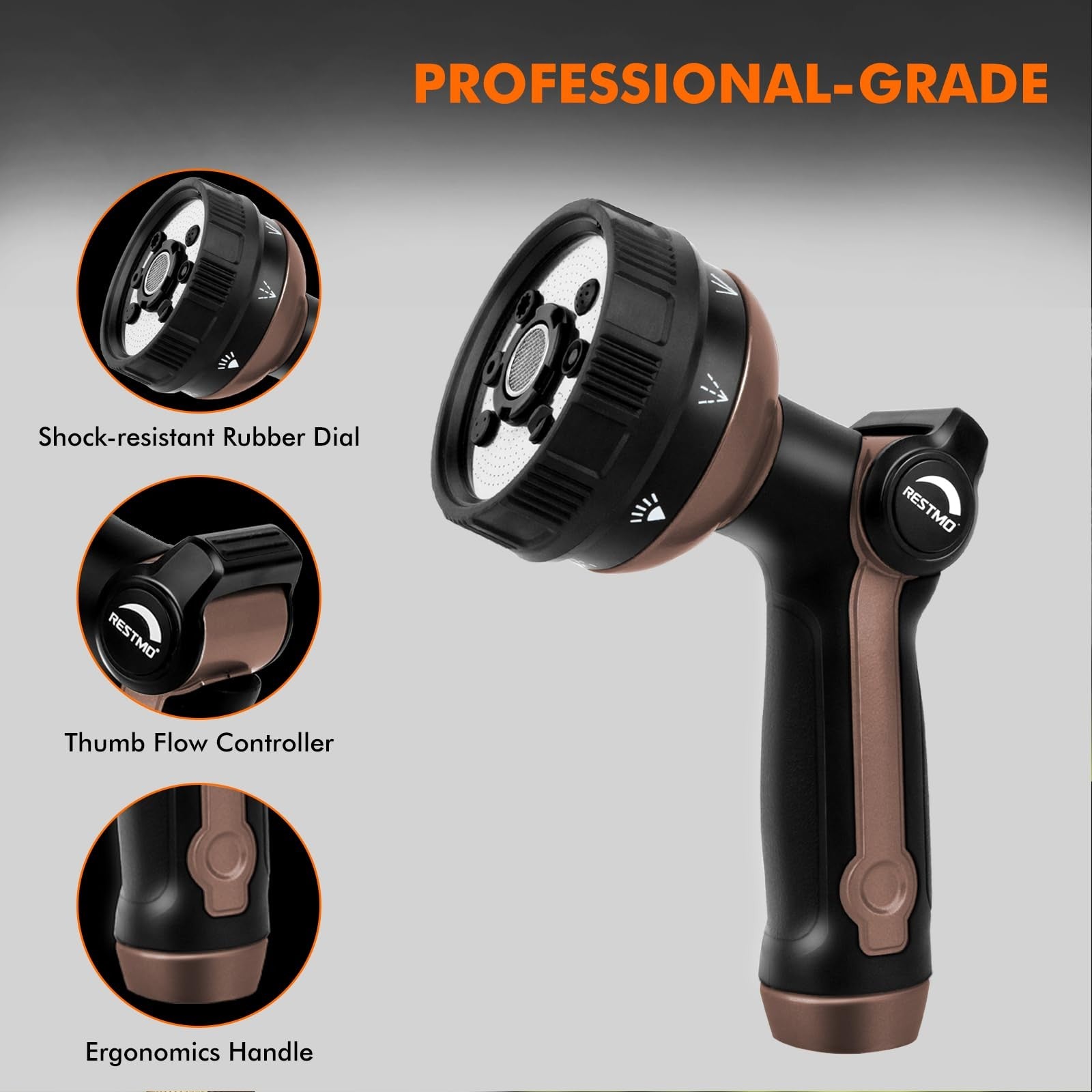 Restmo full shower hose nozzle with metal spray head showing eight adjustable spray patterns for garden watering.