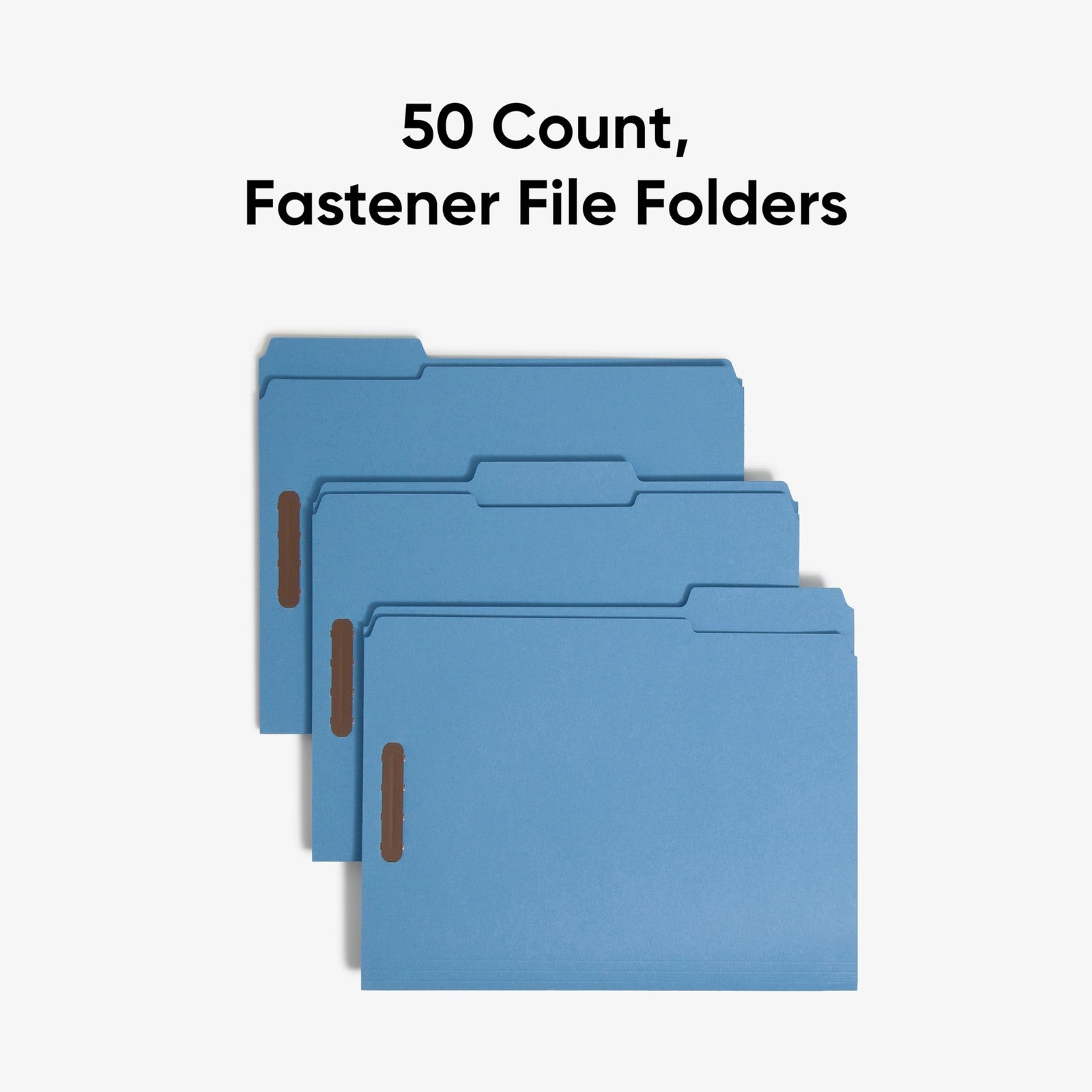 Blue Smead reinforced fastener file folders with 1/3-cut tabs, letter size, and two fasteners for organized document storage.