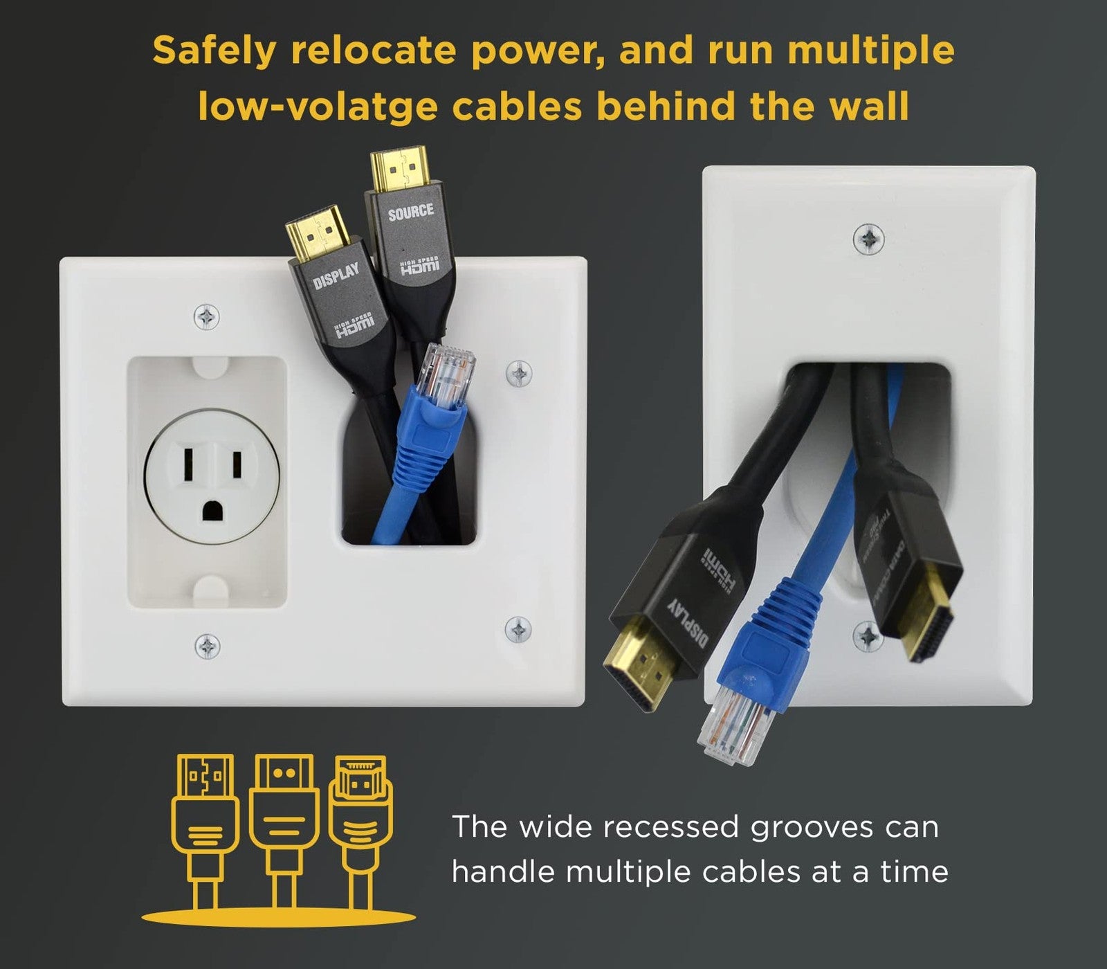 White Datacomm recessed low voltage cable plate with power kit, featuring multiple ports and sleek design for organized cable management.