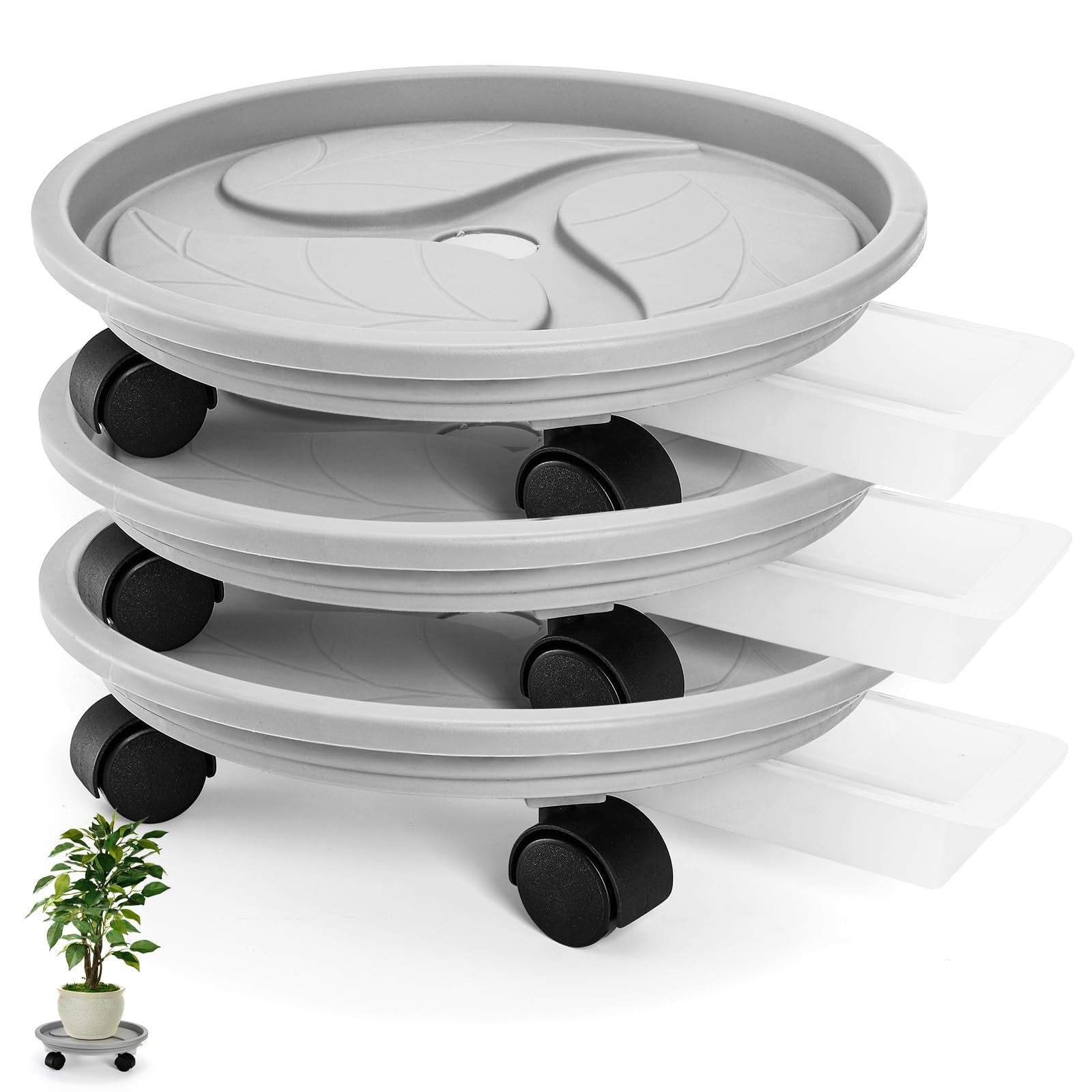 Nagpew 3-pack 12-inch plant caddies with wheels, heavy-duty planter pallets with drainage trays for indoor or outdoor use.