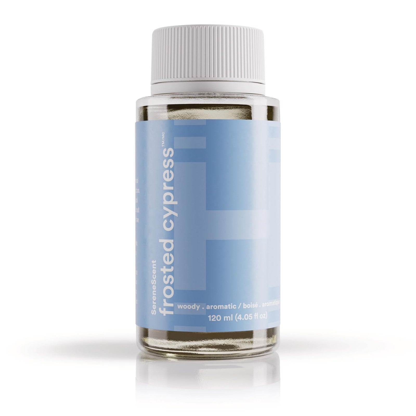 Homedics SereneScent waterless diffuser oil refill in frosted cypress scent, 120ml bottle for home aromatherapy.