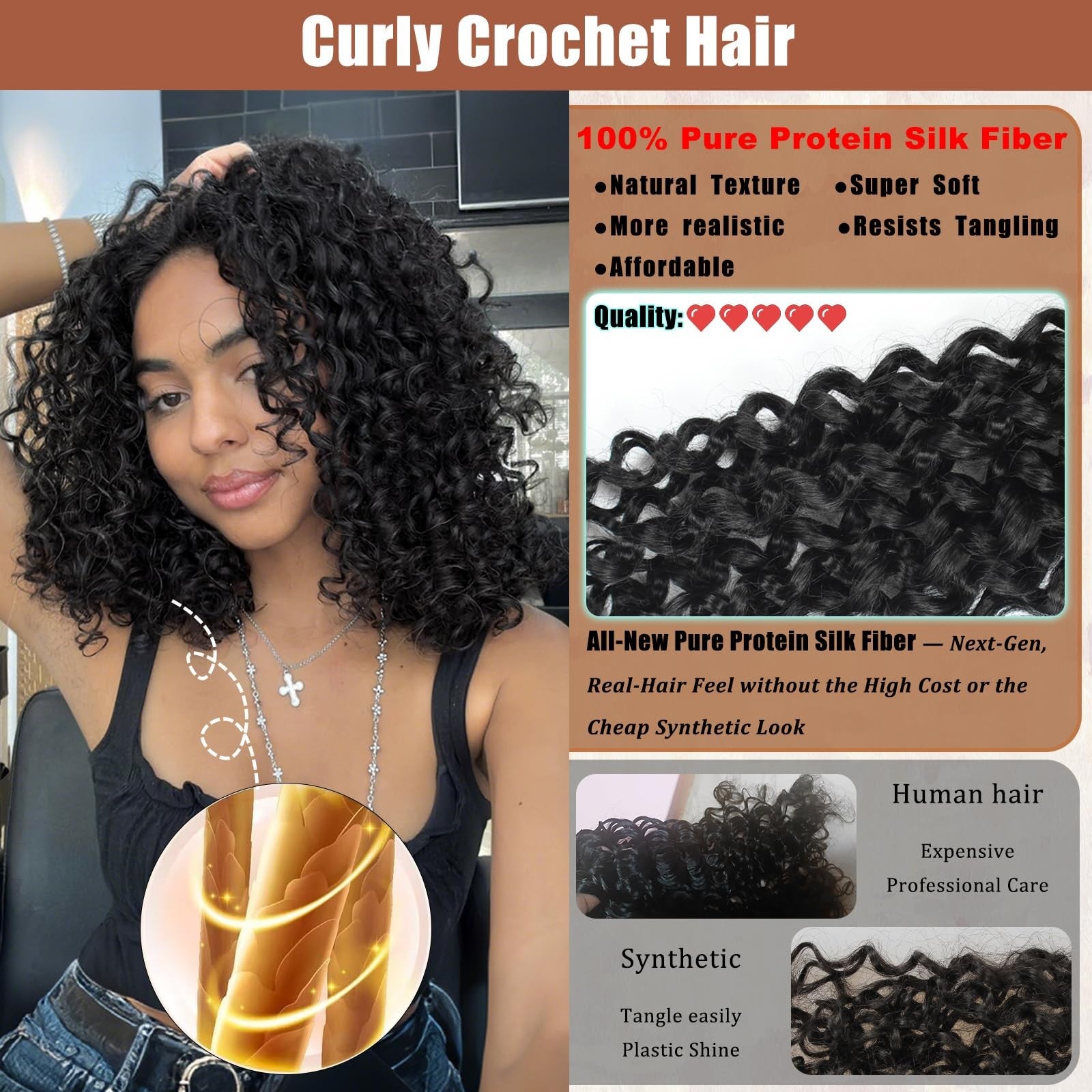 AIBEO 120 strands of curly crochet hair made from pure protein fiber, resembling natural human hair with tight curl patterns.