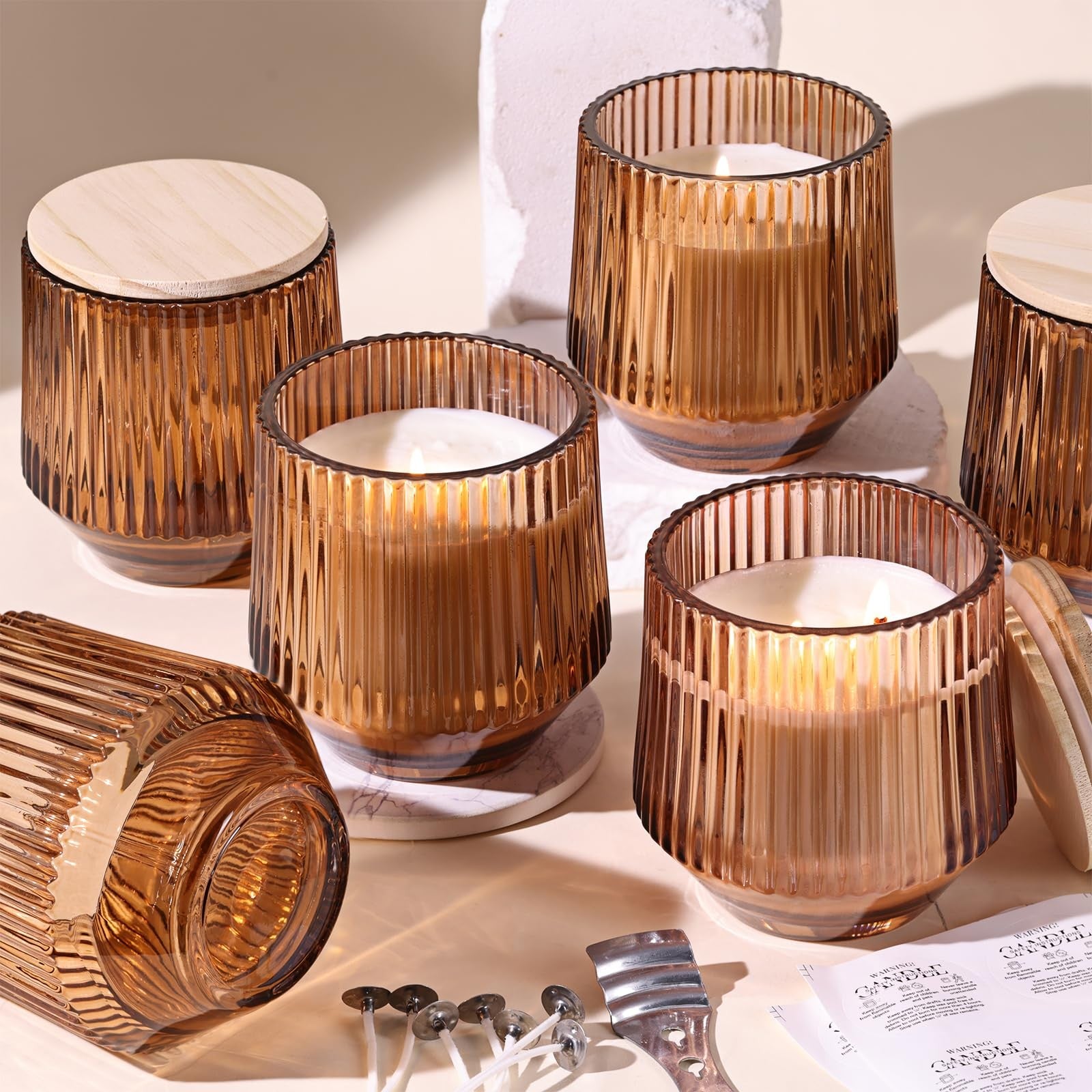 Simeitol 13 oz terracotta ribbed glass candle jars, 6-pack, ideal for making homemade candles with a textured ceramic finish.