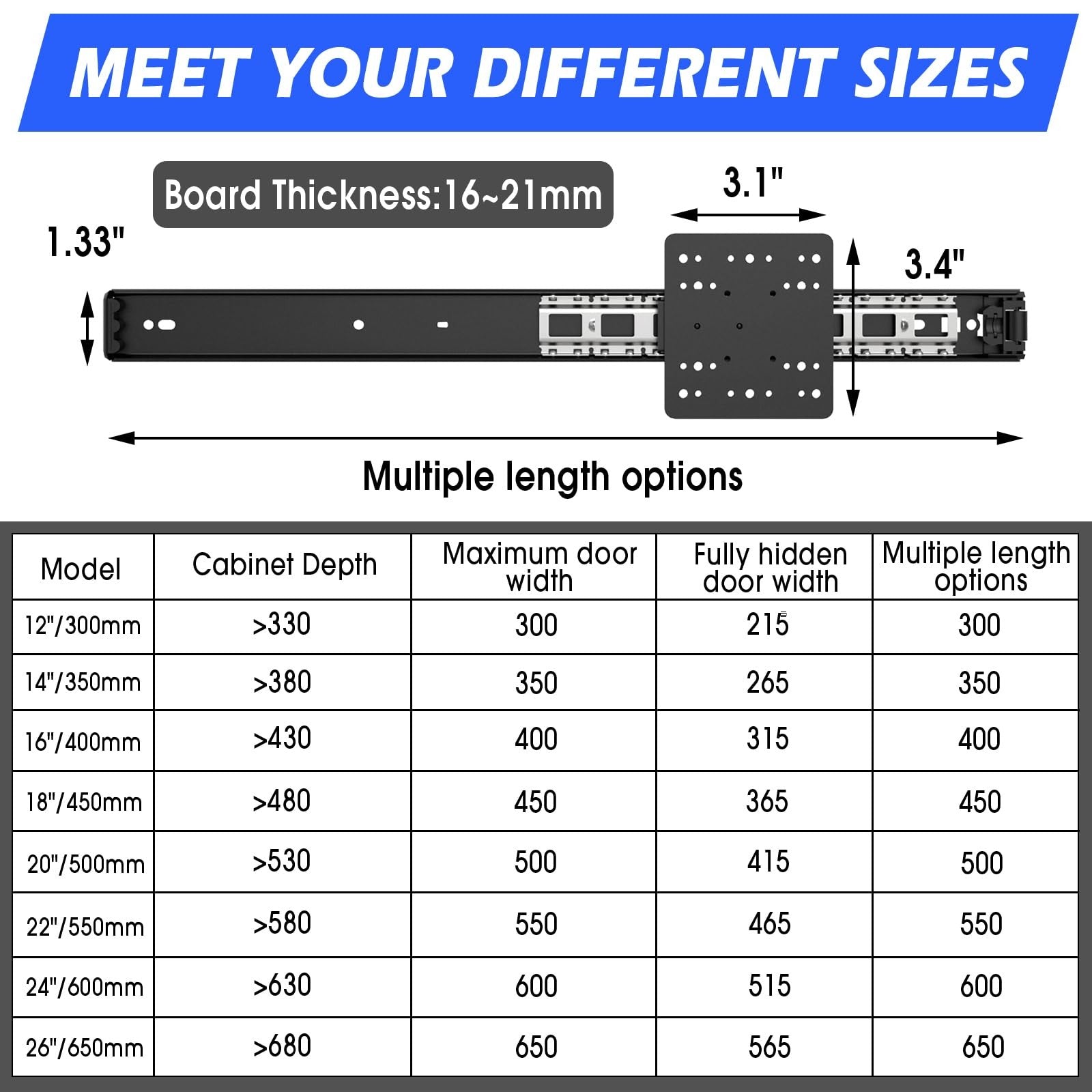 Loodmeo 24-inch hidden cabinet door slide with 48lb capacity, featuring a forstner bit and professional installation kit.