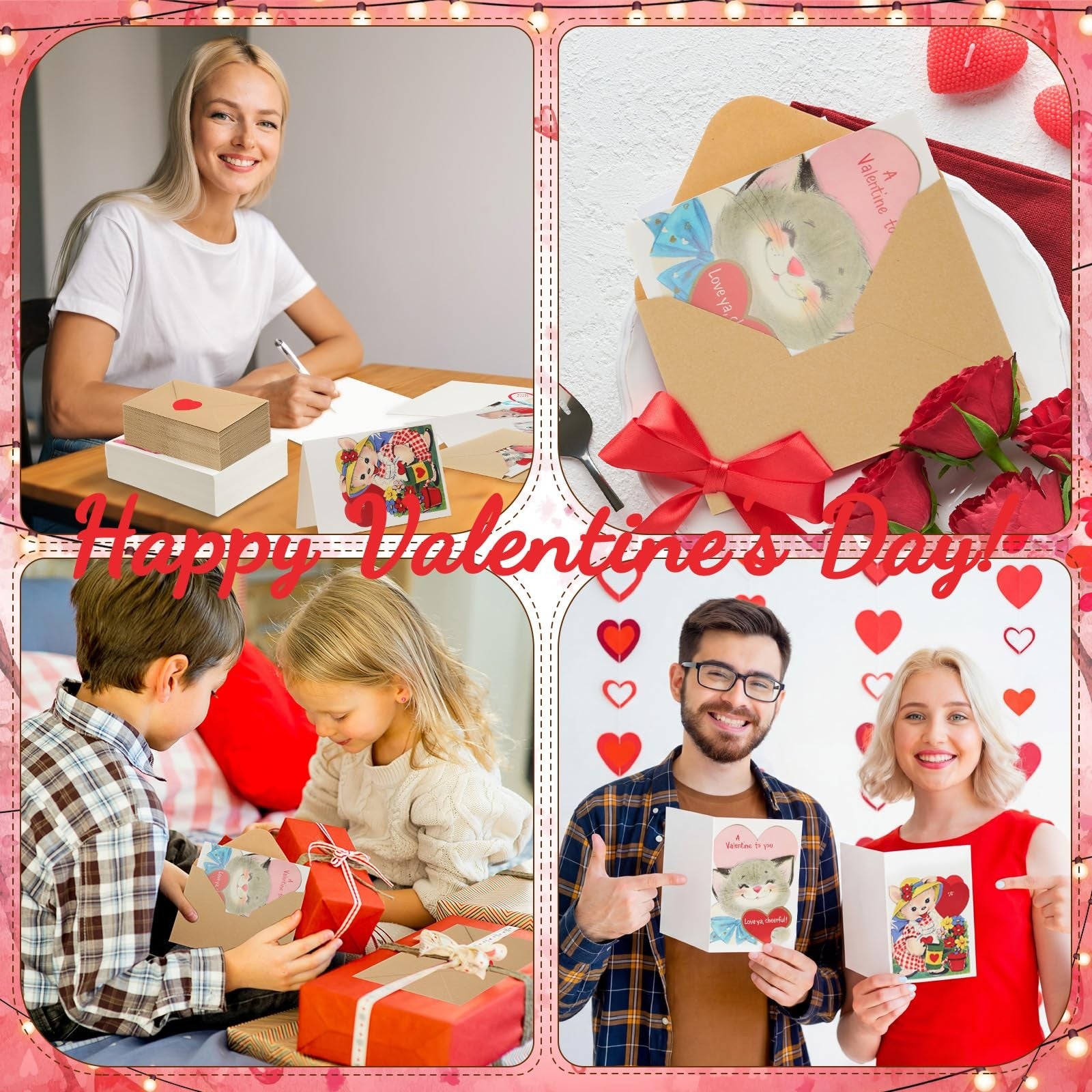 Tenceur vintage Valentine's Day cat card set with red envelopes, featuring 240 love-themed cards and feline illustrations.