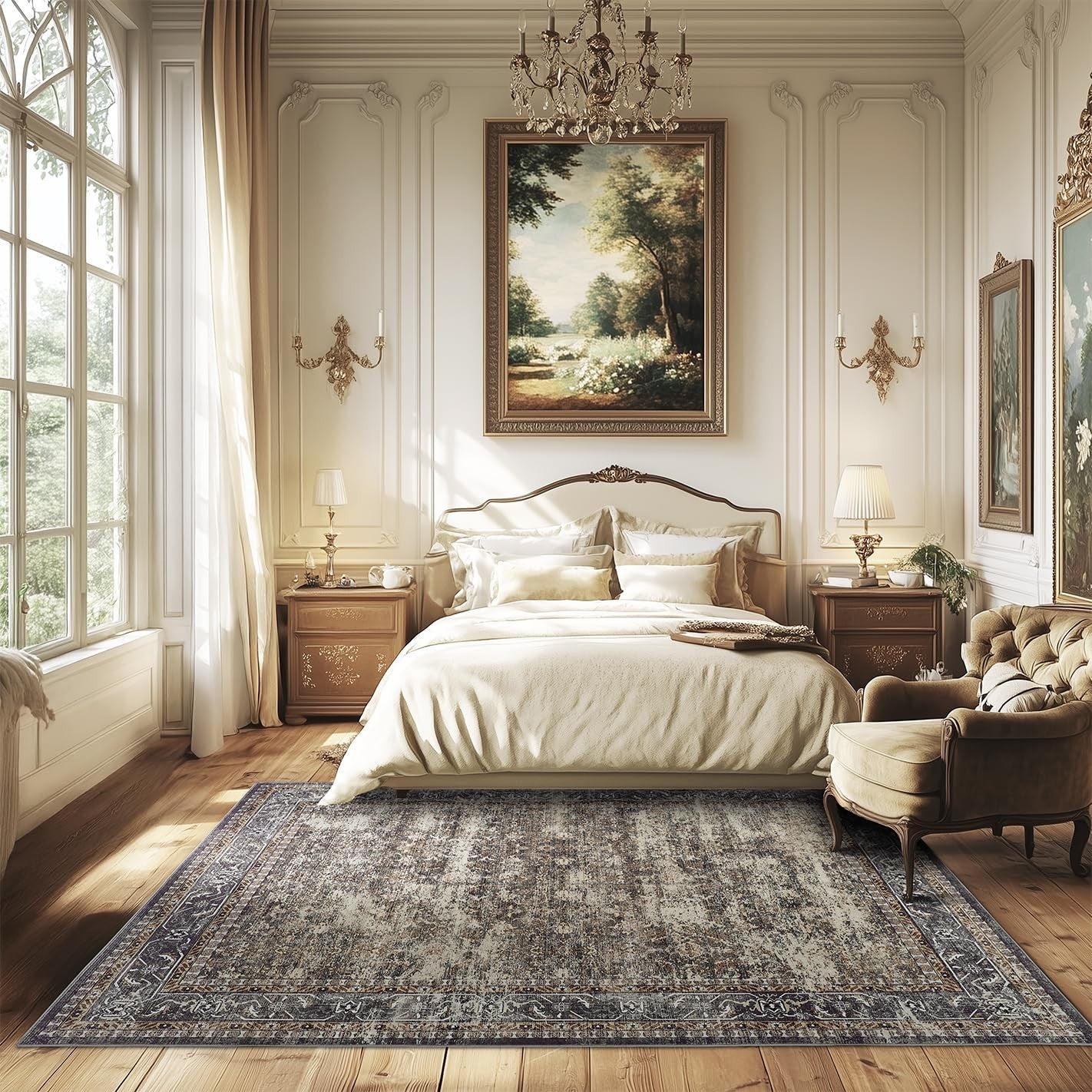 Brown LAISE 5x7 ft boho indoor area rug with non-slip backing, machine washable, lightweight, and low pile for cozy living spaces.